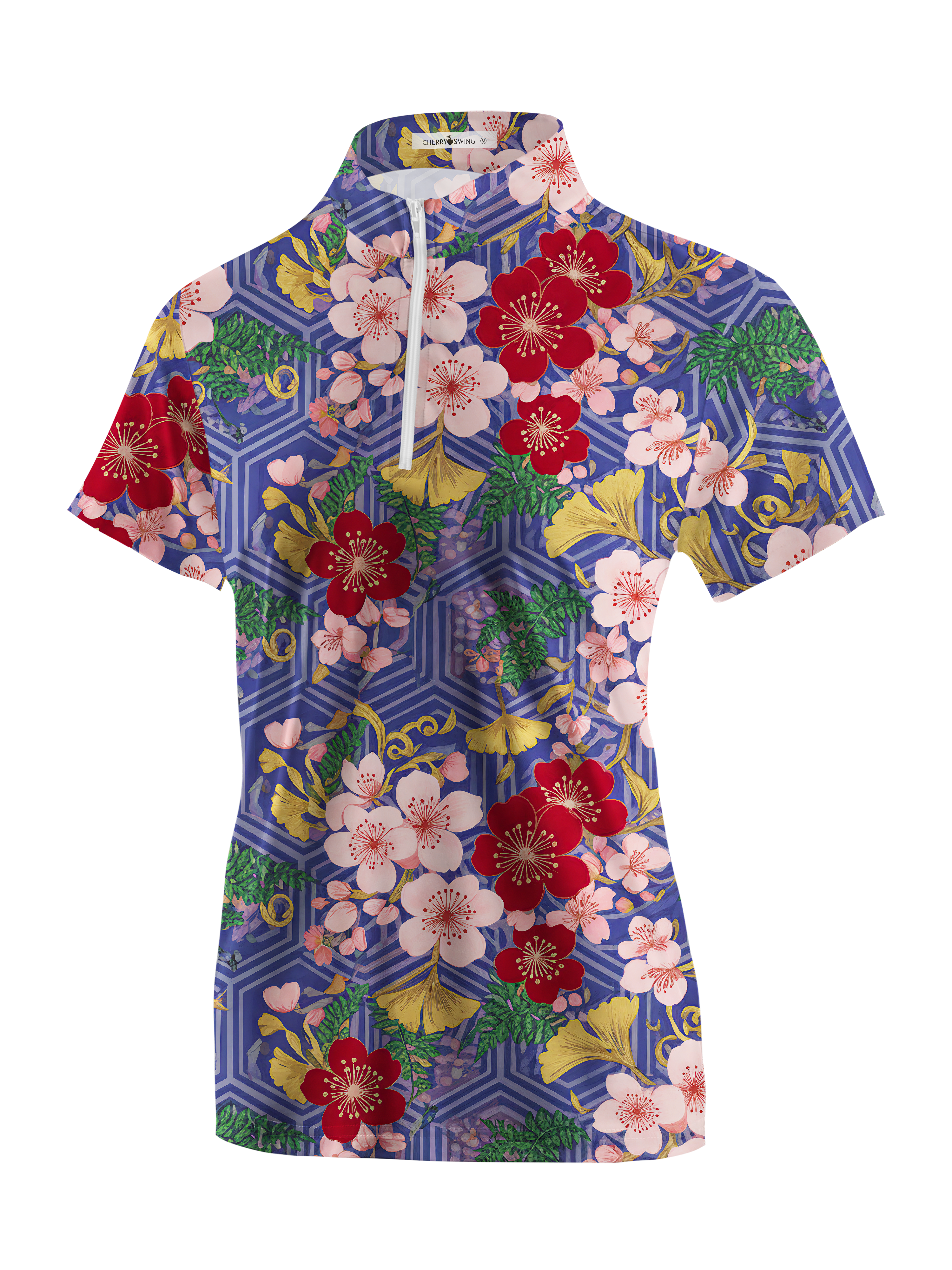 Cherryswing Women's Oriental Blossom Print Short Sleeve Polos