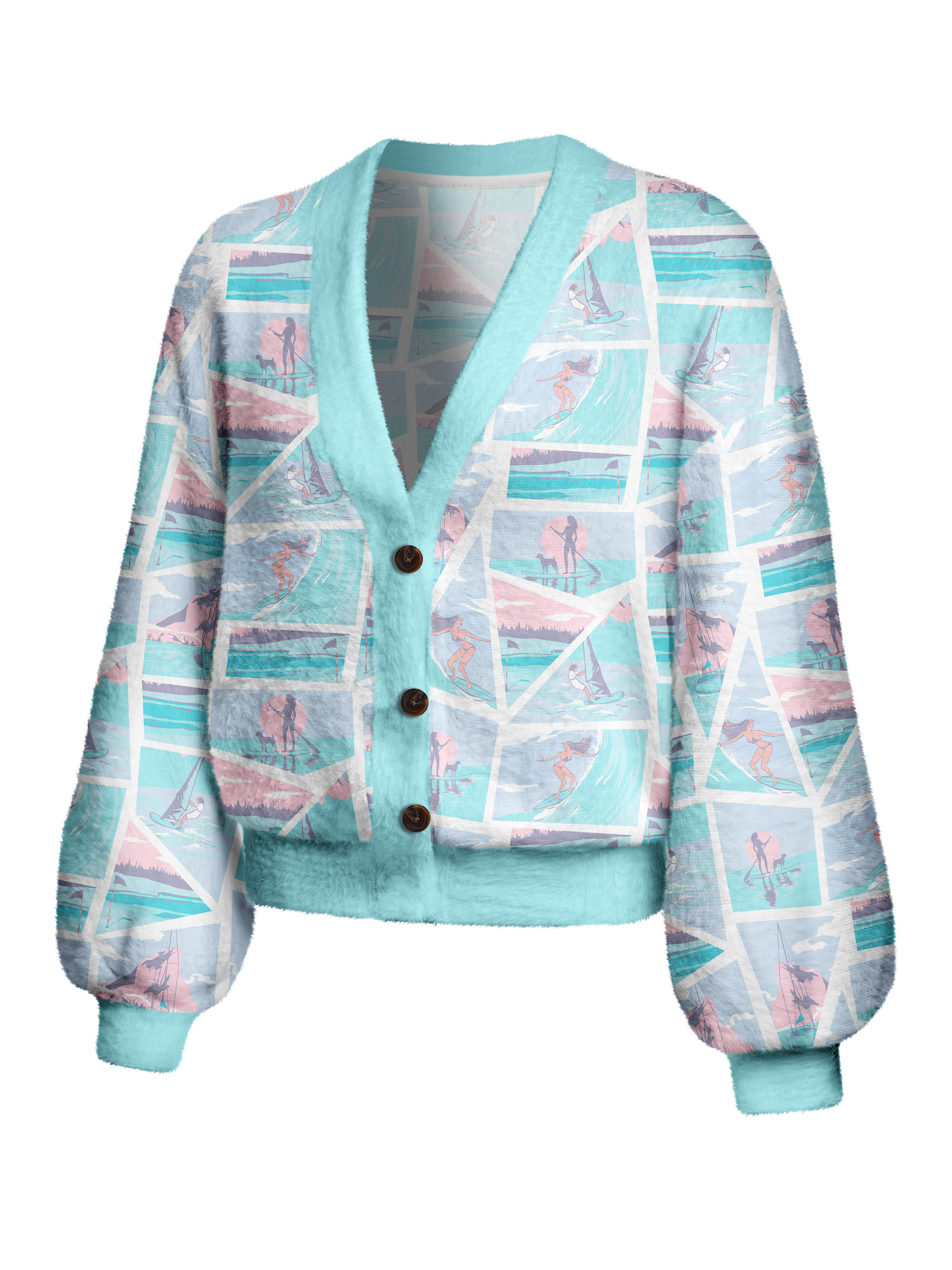 Cherryswing Women's Coastal Collage Fuzzy Knit Golf Cardigan