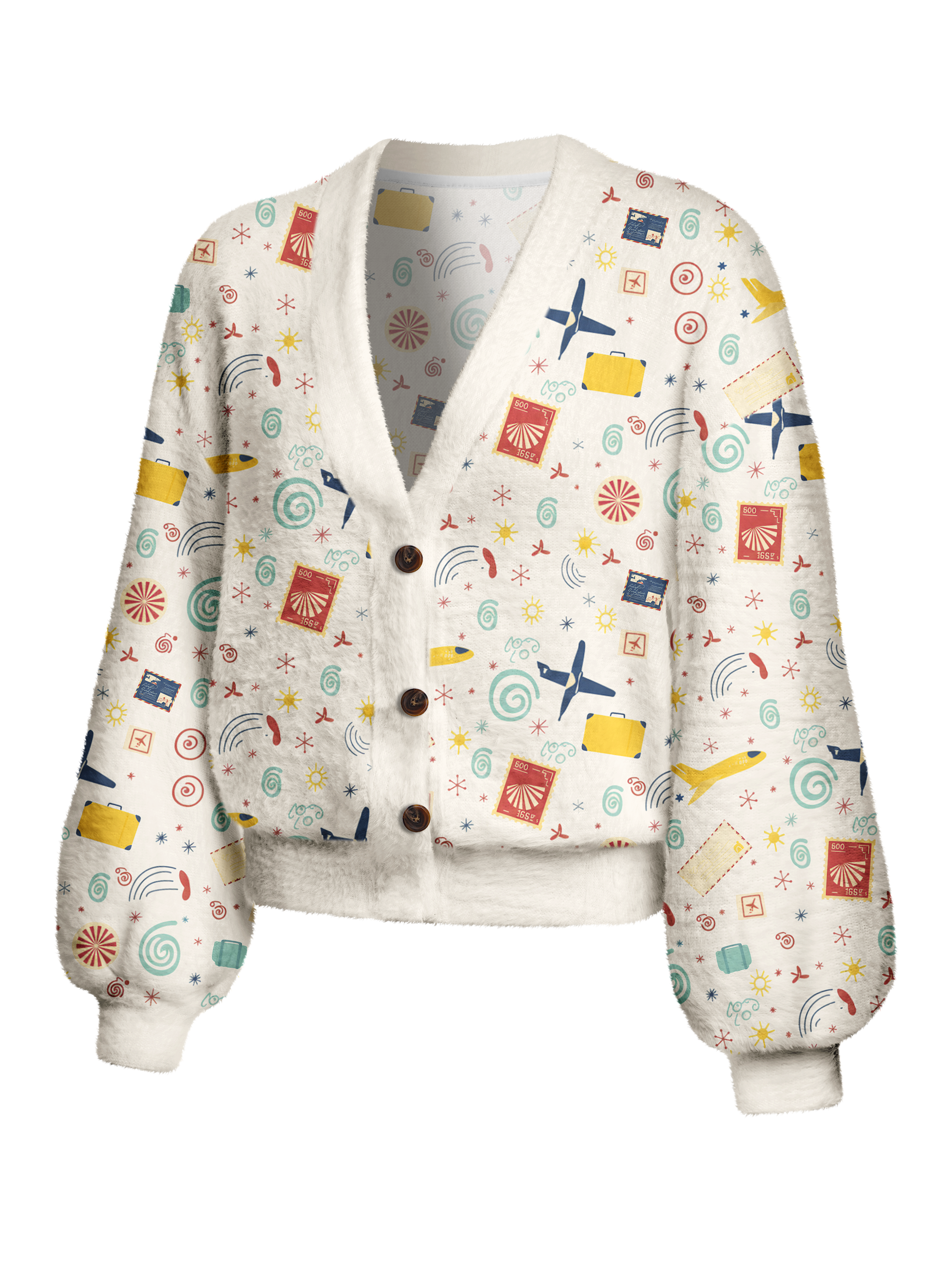 Cherryswing Women's Passport Print Fuzzy Knit Golf Cardigan