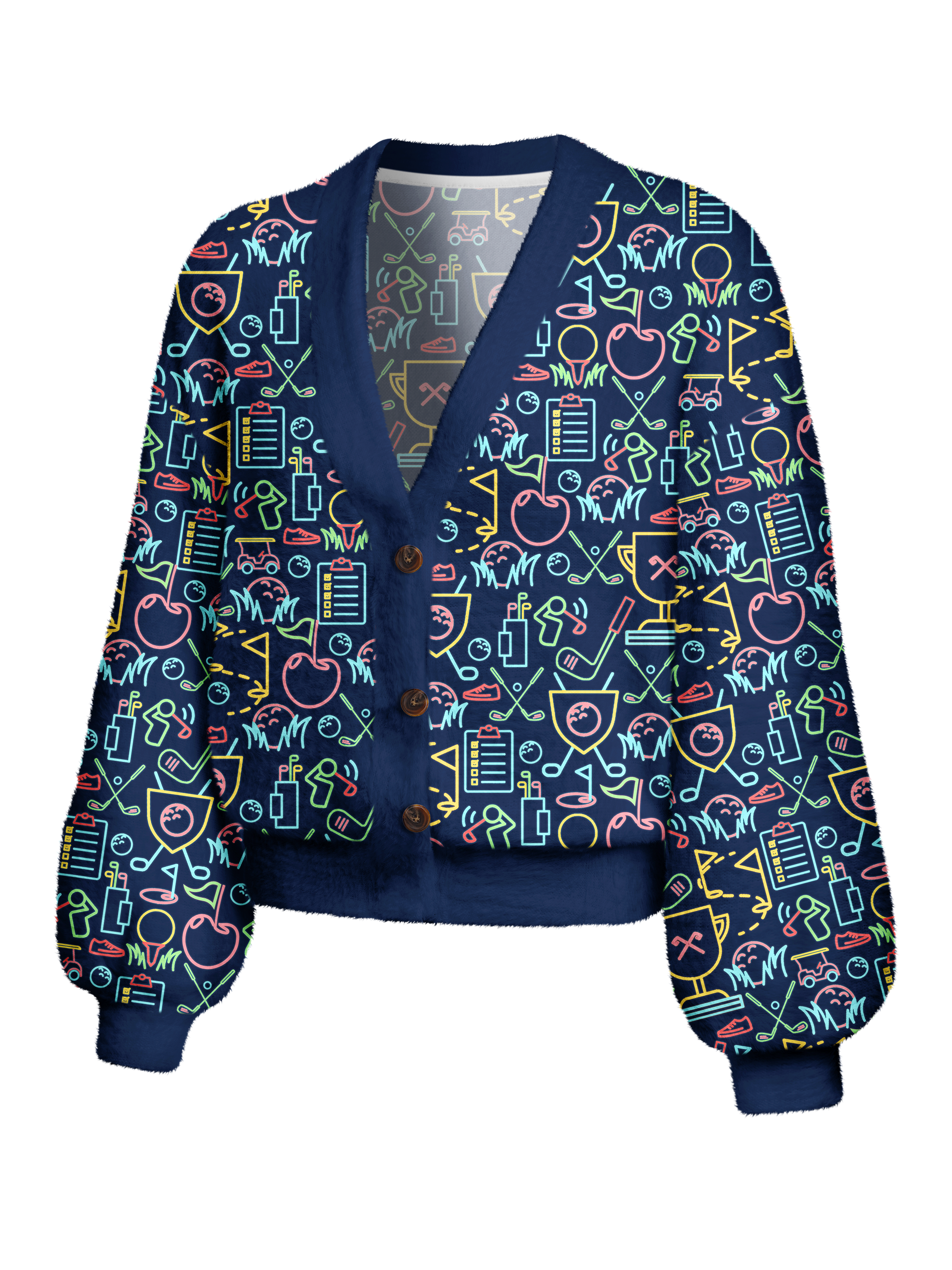 Cherryswing Women's Classic Golf Symbols Fuzzy Knit Golf Cardigan