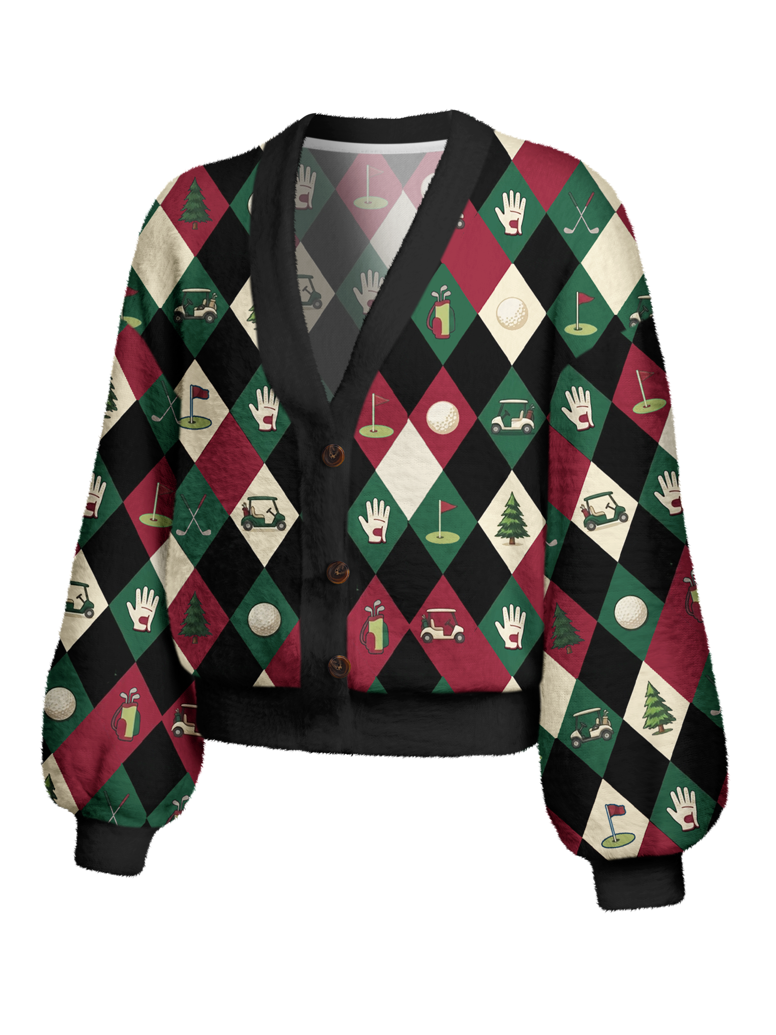 Cherryswing Women's Retro Diamond Golf Fuzzy Knit Golf Cardigan