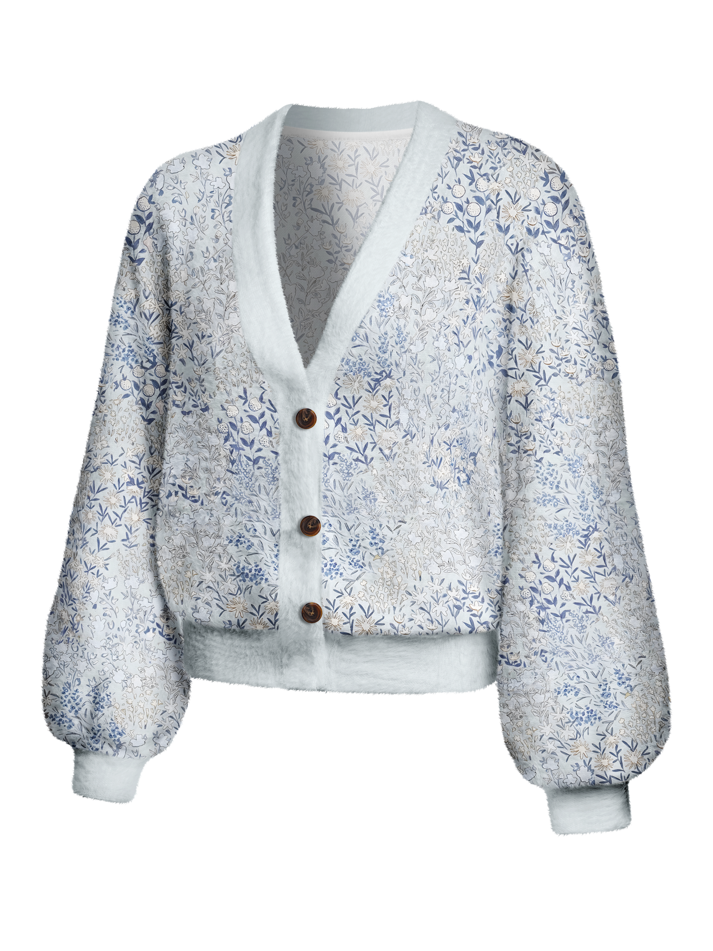 Cherryswing Women's Porcelain Botanical Sketch Fuzzy Knit Golf Cardigan