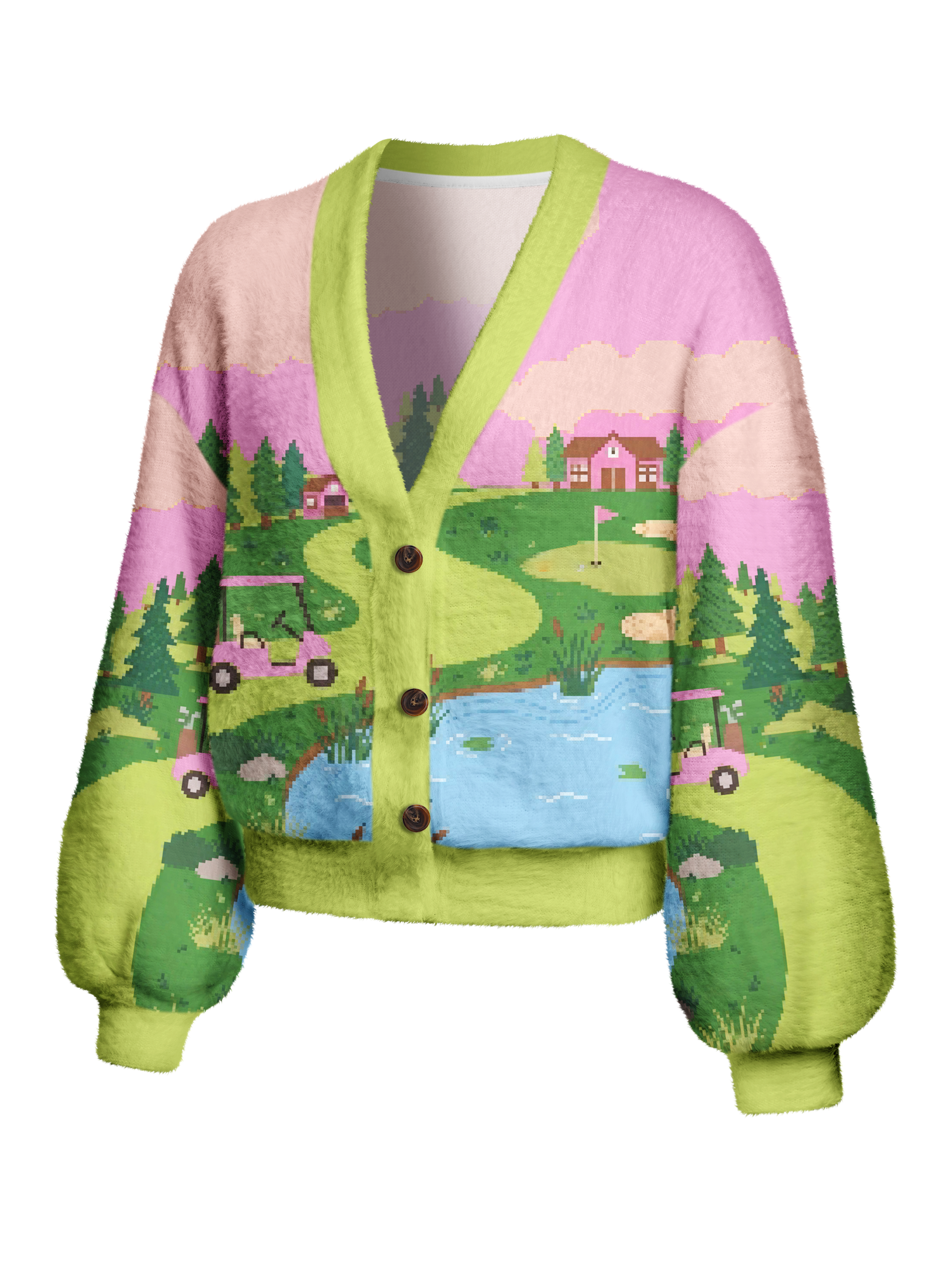 Cherryswing Women's Retro Pixel Landscape Fuzzy Knit Golf Cardigan
