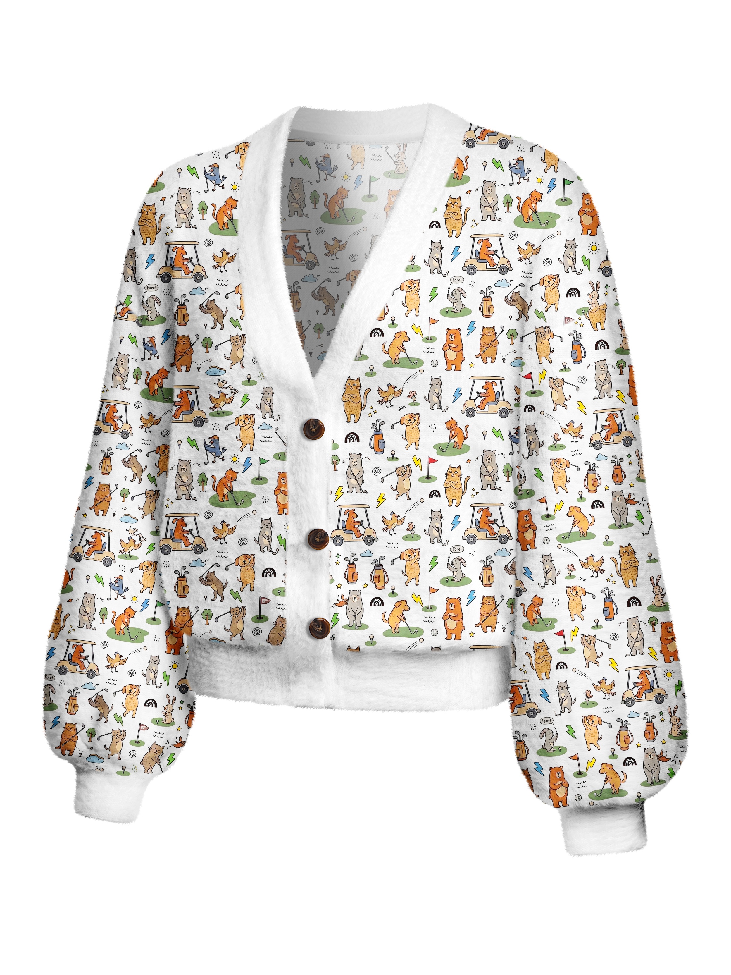 Cherryswing Women's Playful Animal Golfers Fuzzy Knit Golf Cardigan
