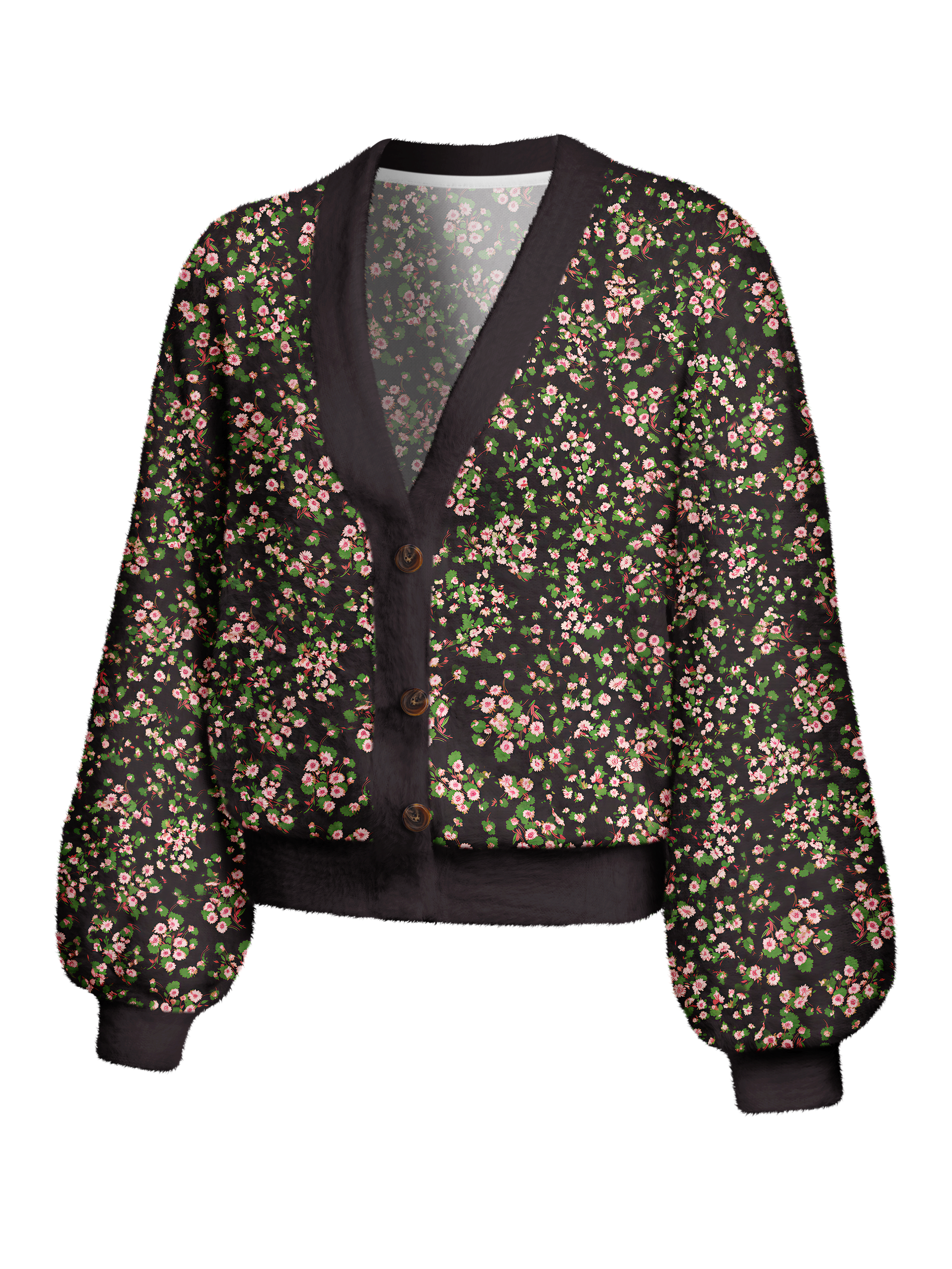 Cherryswing Women's Floral Meadow Print Fuzzy Knit Golf Cardigan