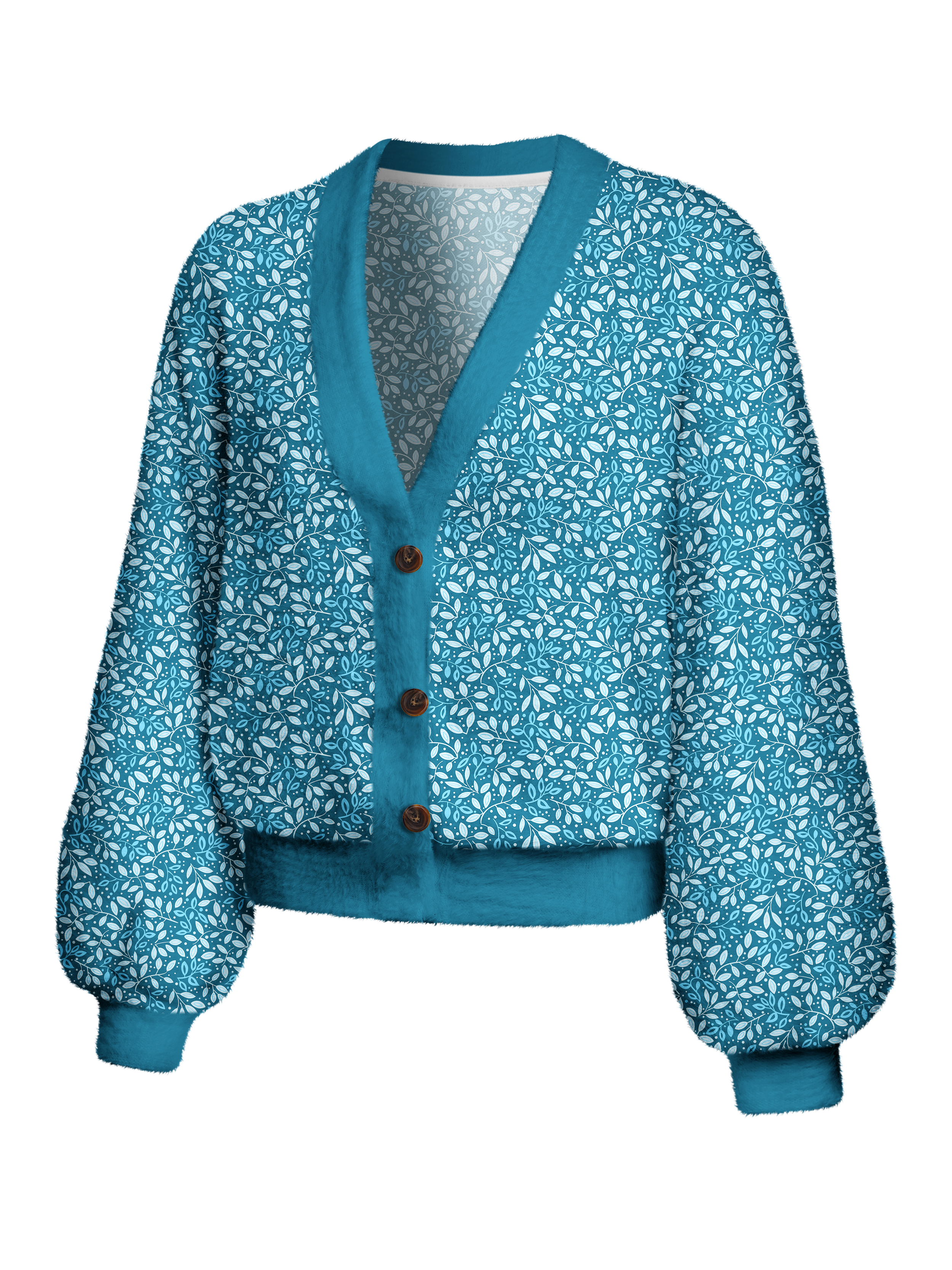 Cherryswing Women's Teal Leaf Motif Fuzzy Knit Golf Cardigan