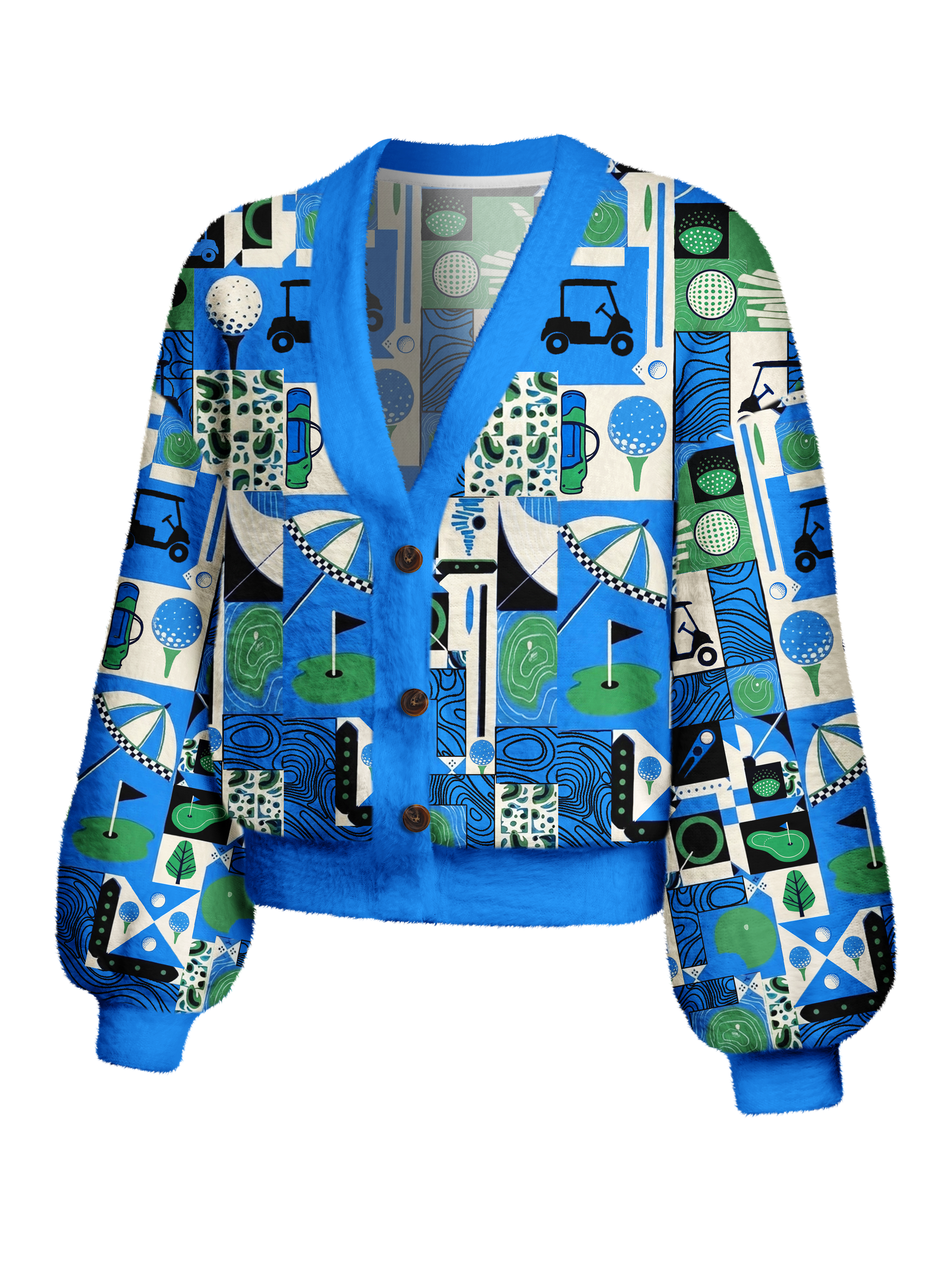 Cherryswing Women's Golf Collage Patchwork Fuzzy Knit Golf Cardigan