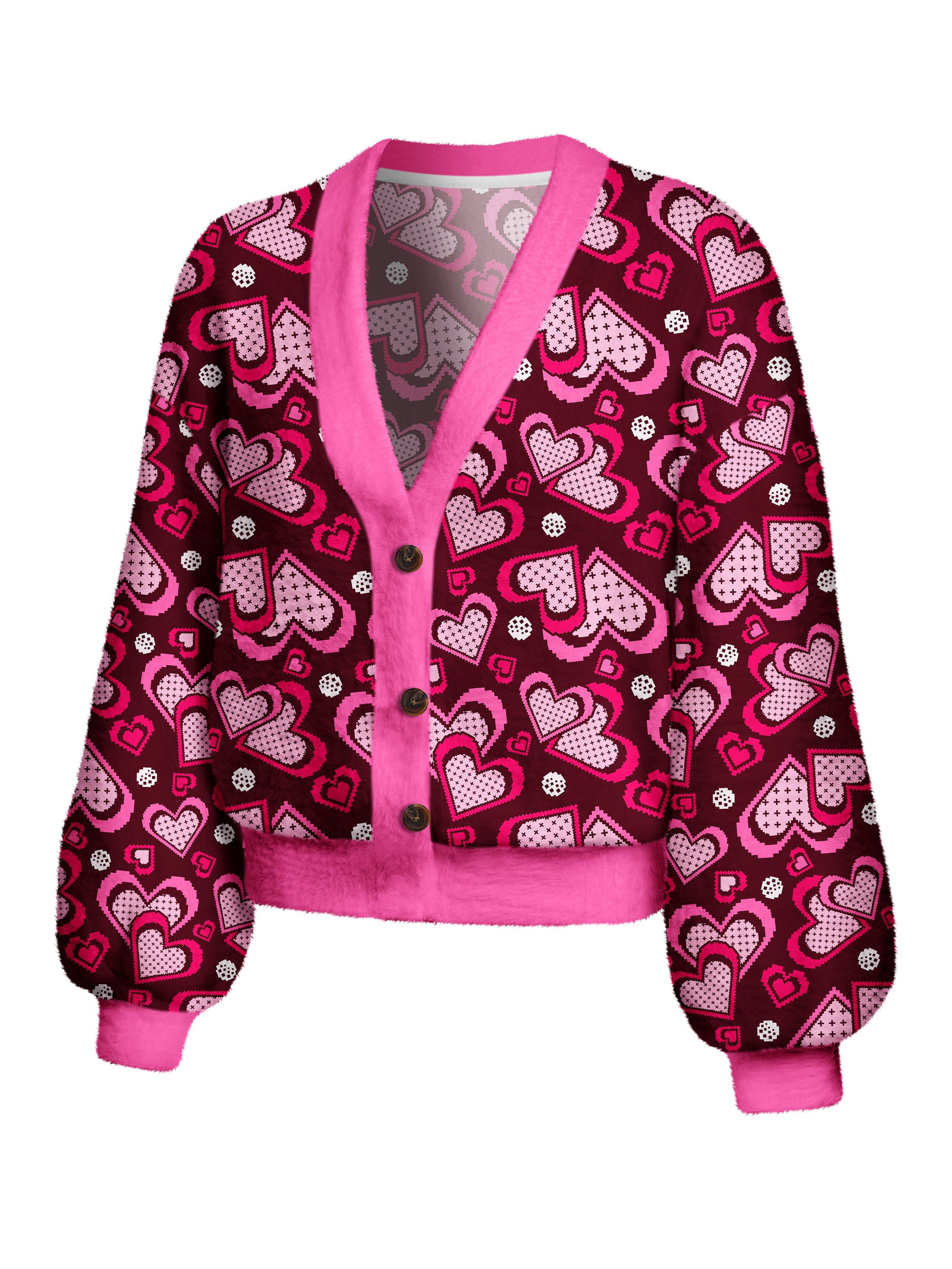 Cherryswing Women's Retro Pixel Heart Fuzzy Knit Golf Cardigan