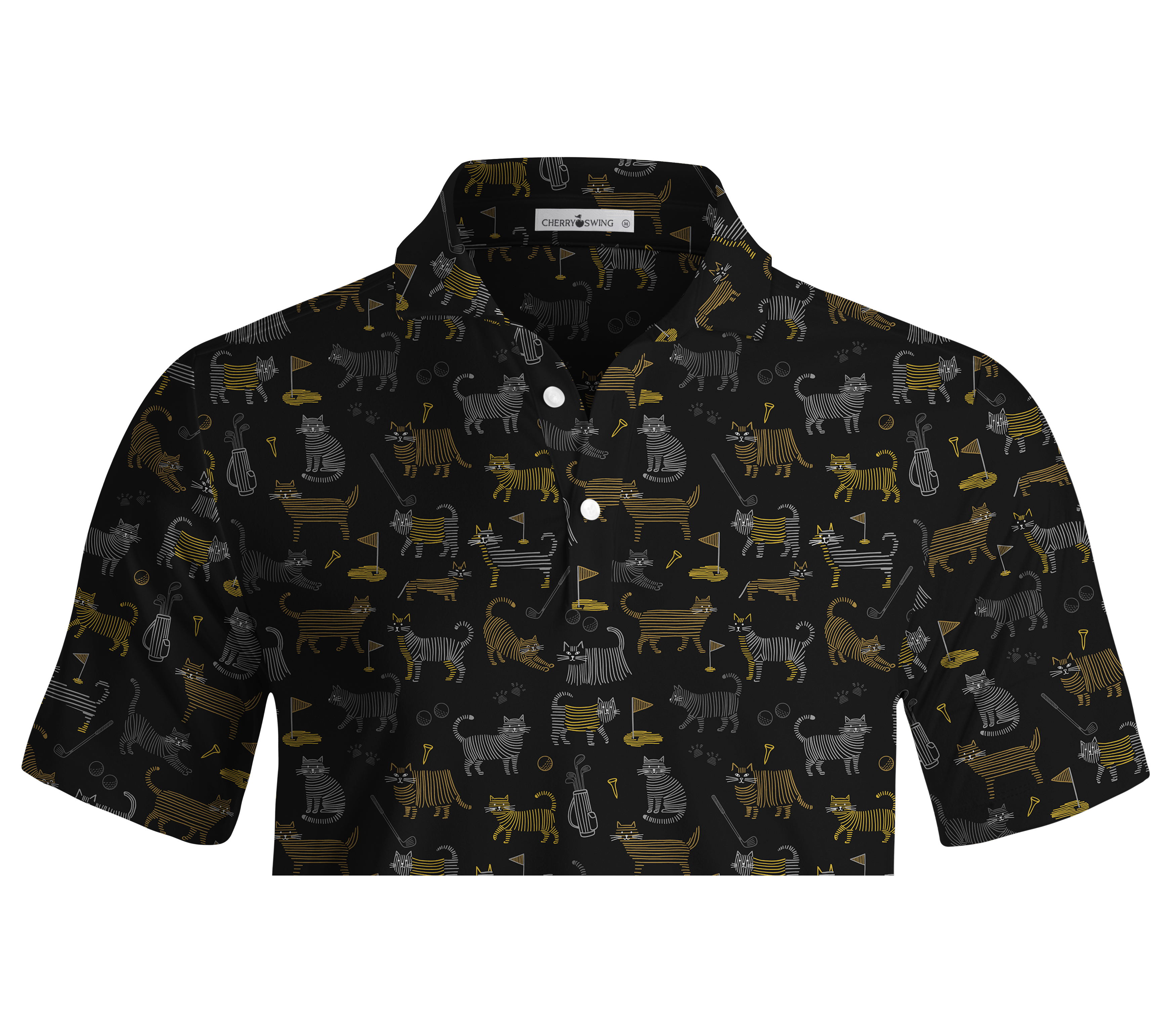 Cherryswing Whimsical Golf Cat Line Art Men's Polo Shirt