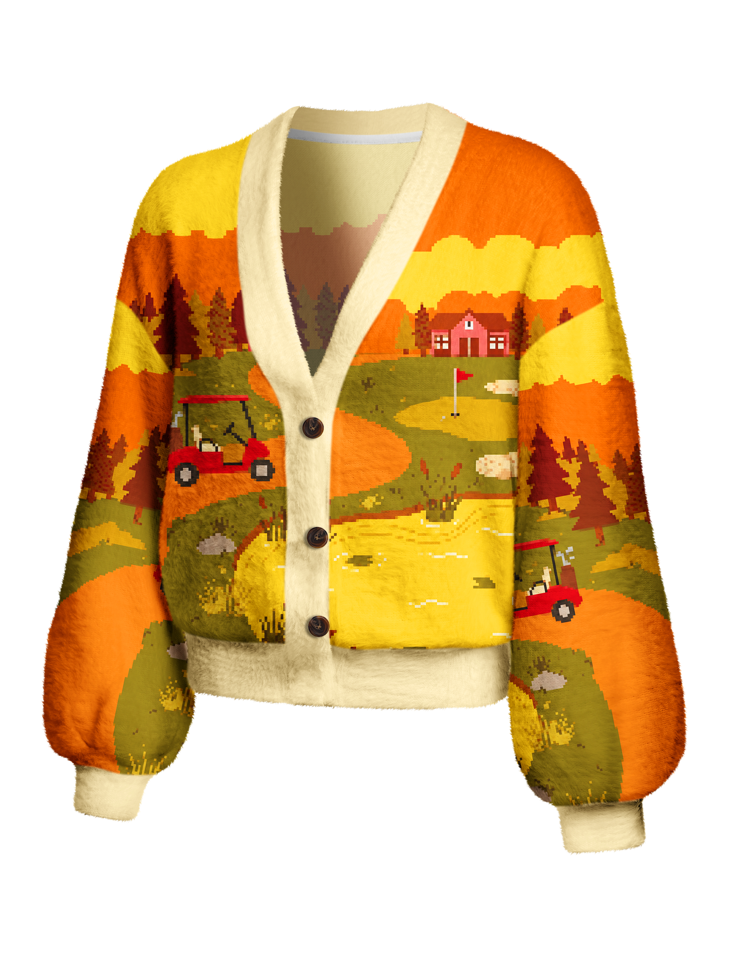 Cherryswing Women's Retro Pixel Landscape Fuzzy Knit Golf Cardigan