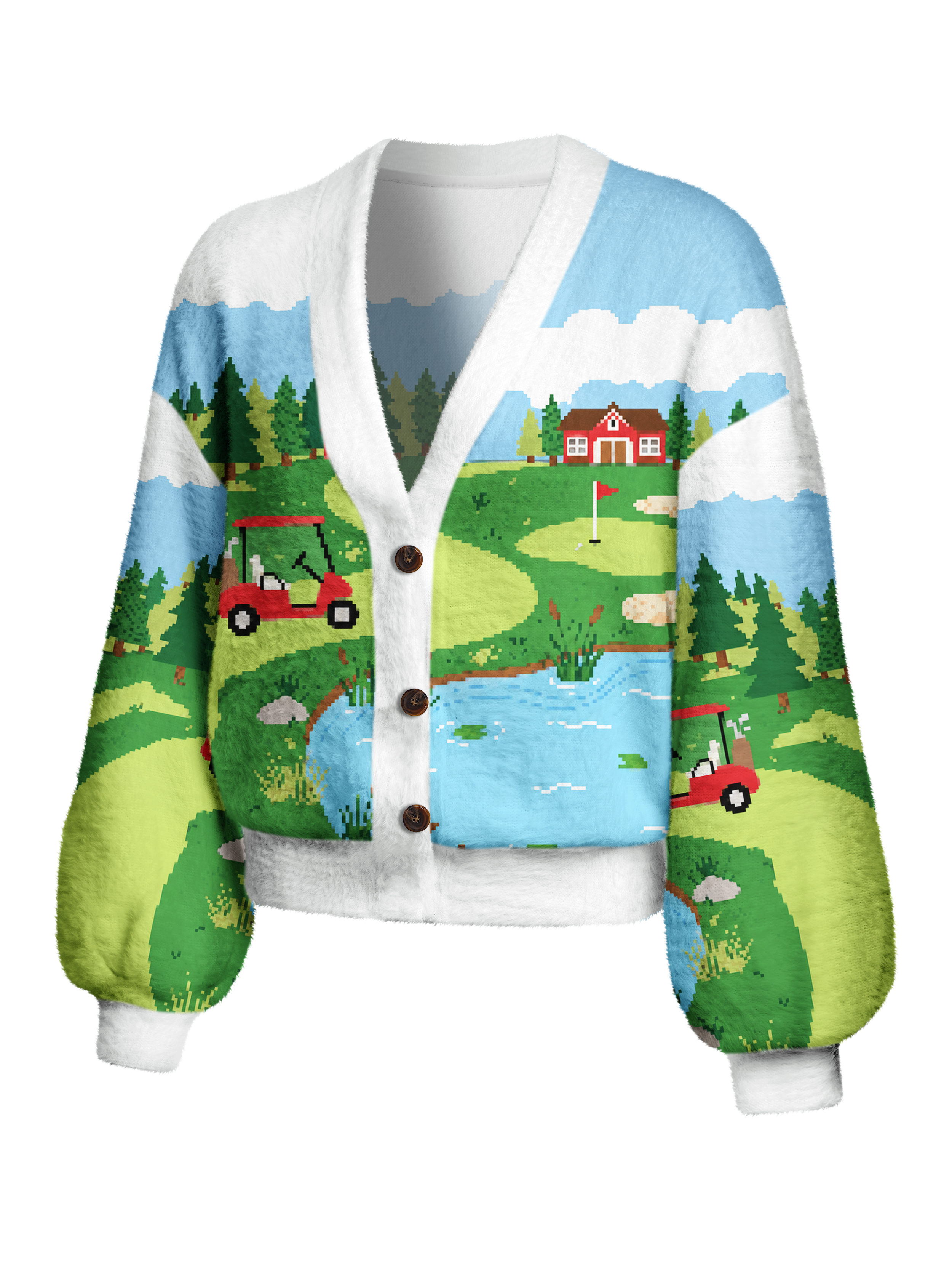 Cherryswing Women's Retro Pixel Landscape Fuzzy Knit Golf Cardigan