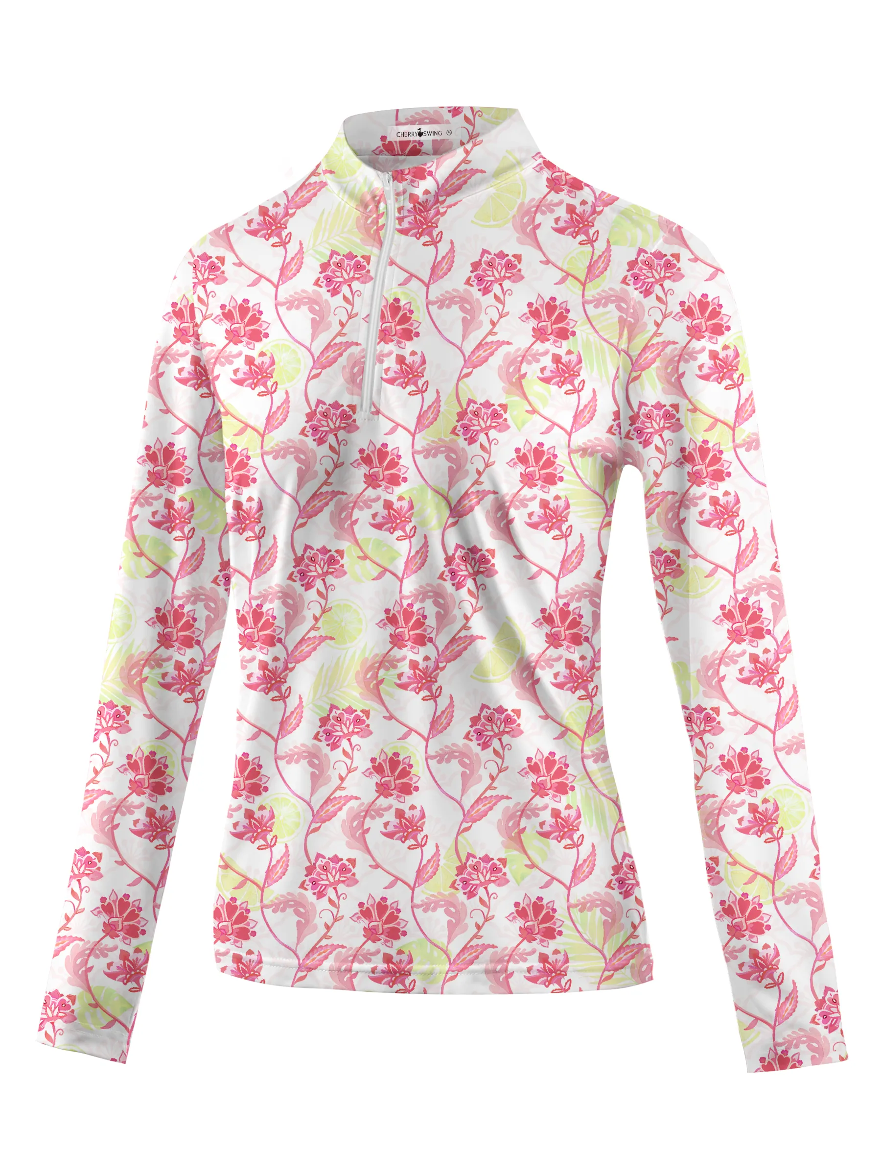 Cherryswing Women's Pink Flowers Long Sleeve Polo Shirt