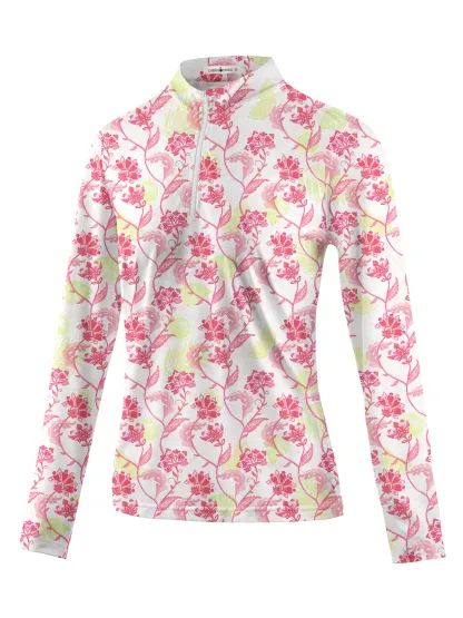 Cherryswing Women's Pink Flowers Long Sleeve Polo Shirt