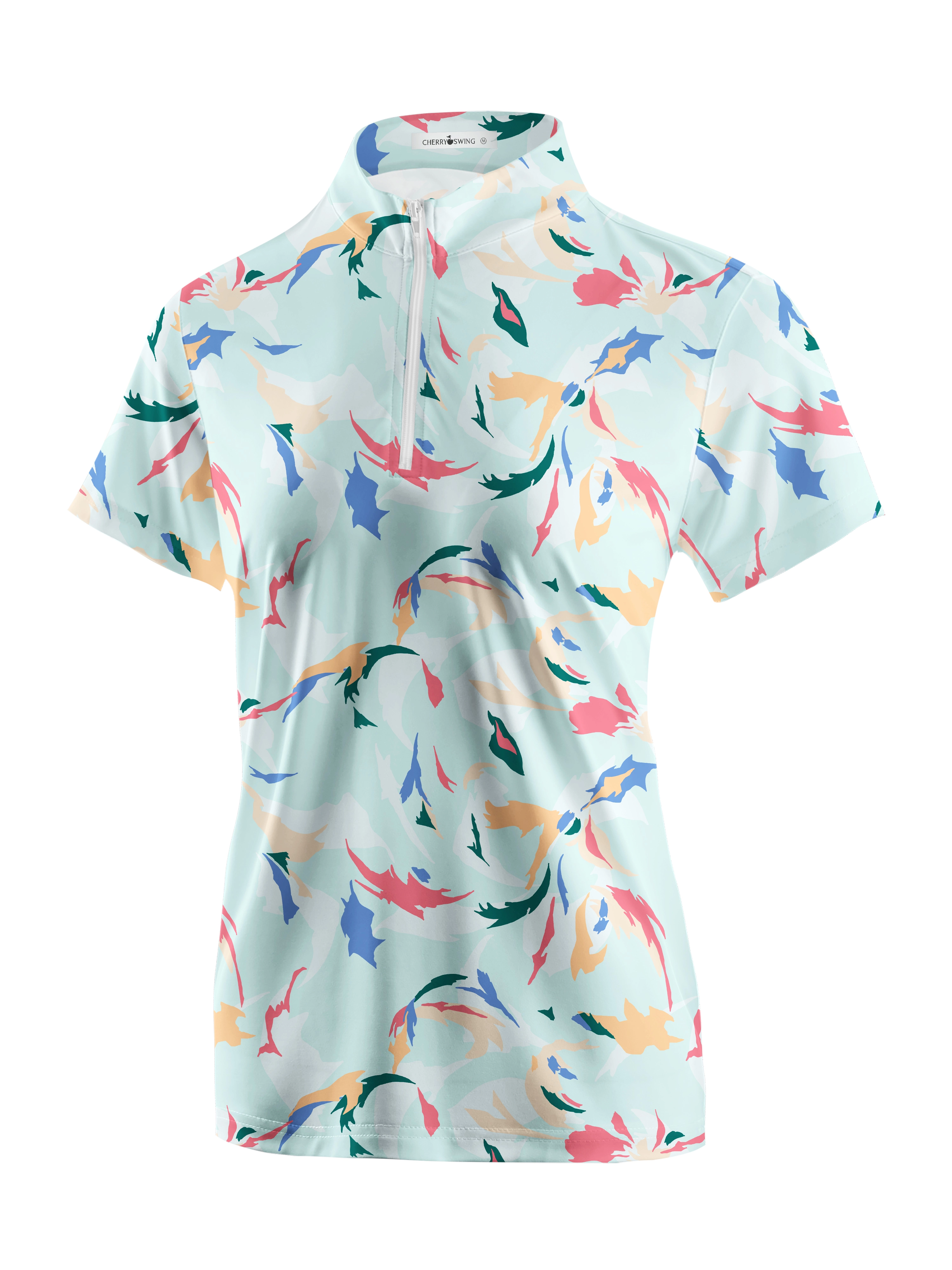 Cherryswing Women's Floral Color Matching Golf Short Sleeve Polo Shirt