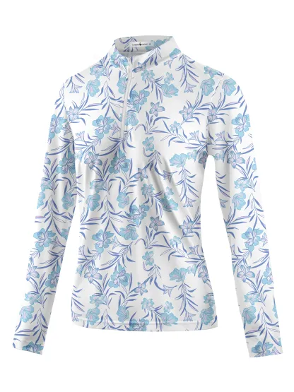 Cherryswing Women's Blue Floral Long Sleeve Polo Shirt