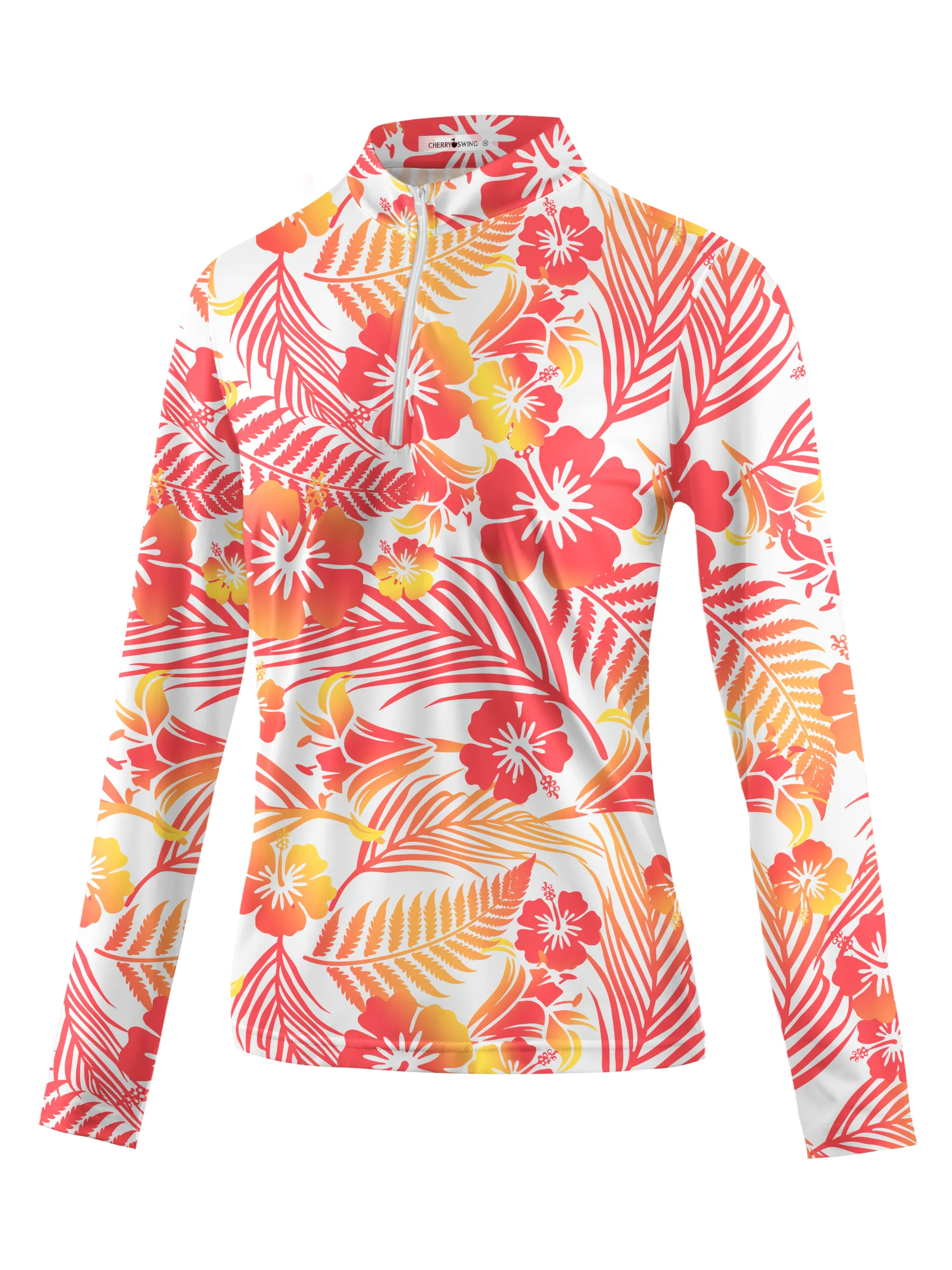 Cherryswing Women's  Tropical Blossom Long Sleeve Golf Polo Shirt