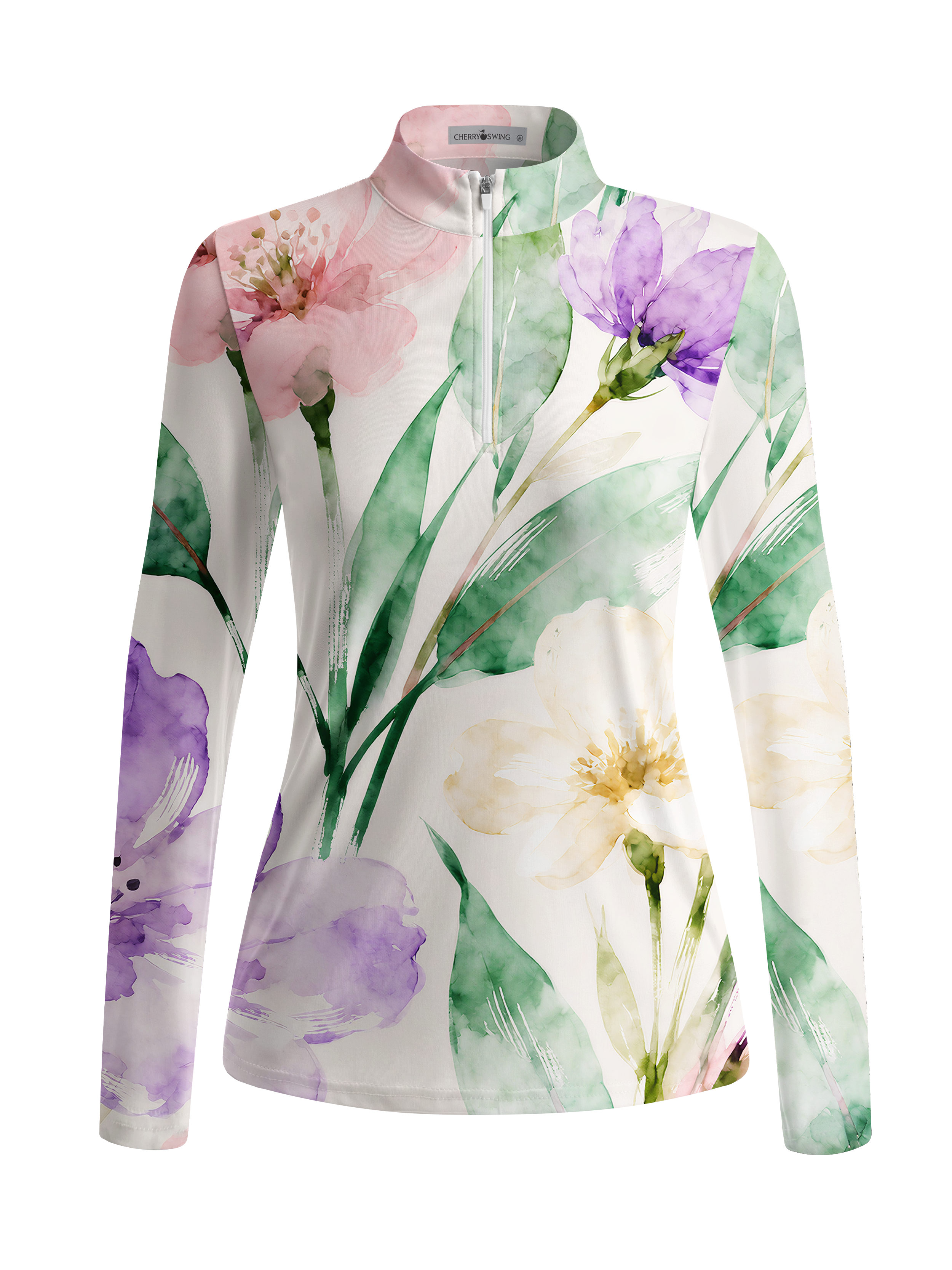 Cherryswing Women's Watercolor Purple Floral Long Sleeve Golf Shirt