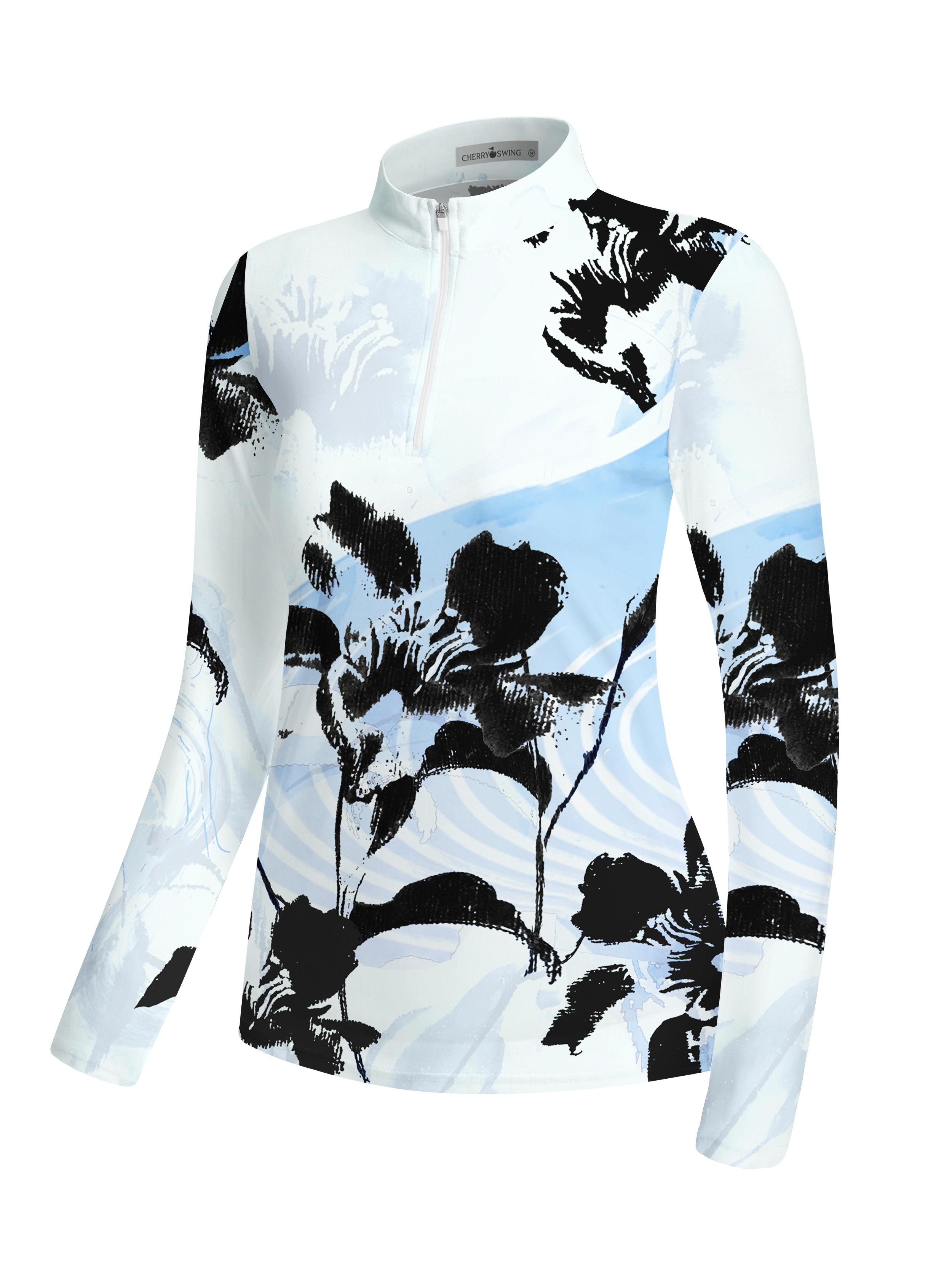 Cherryswing Women's Ink Flower Watercolor Long Sleeve Golf Shirt