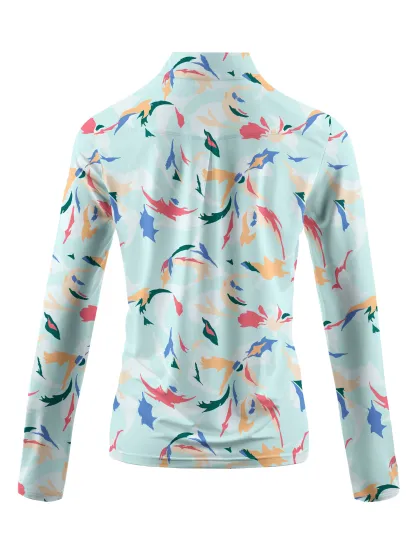 Cherryswing Women's Golf Floral Color Matching Long Sleeve Polo Shirt