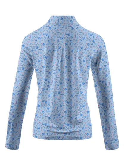 Cherryswing Women's Sky Blue Floral Long Sleeve Polo Shirt