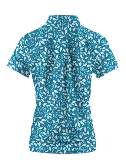 Cherryswing Women's Teal Leaf Motif Short Sleeve Golf Polo Shirt