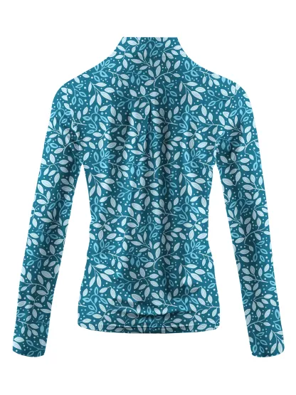 Cherryswing Women's Teal Leaf Motif Long Sleeve Golf Polo Shirt