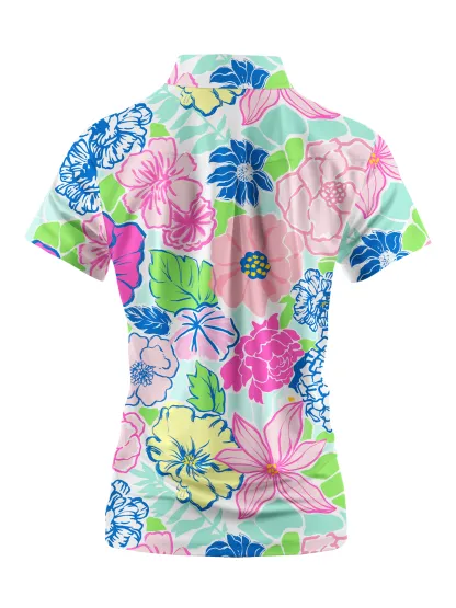 Cherryswing Women's Stylized Flowers Short Sleeve Polo Shirt