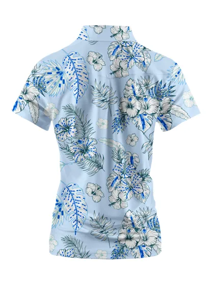 Cherryswing Women's Blue and White Flowers Short Sleeve Polo Shirt