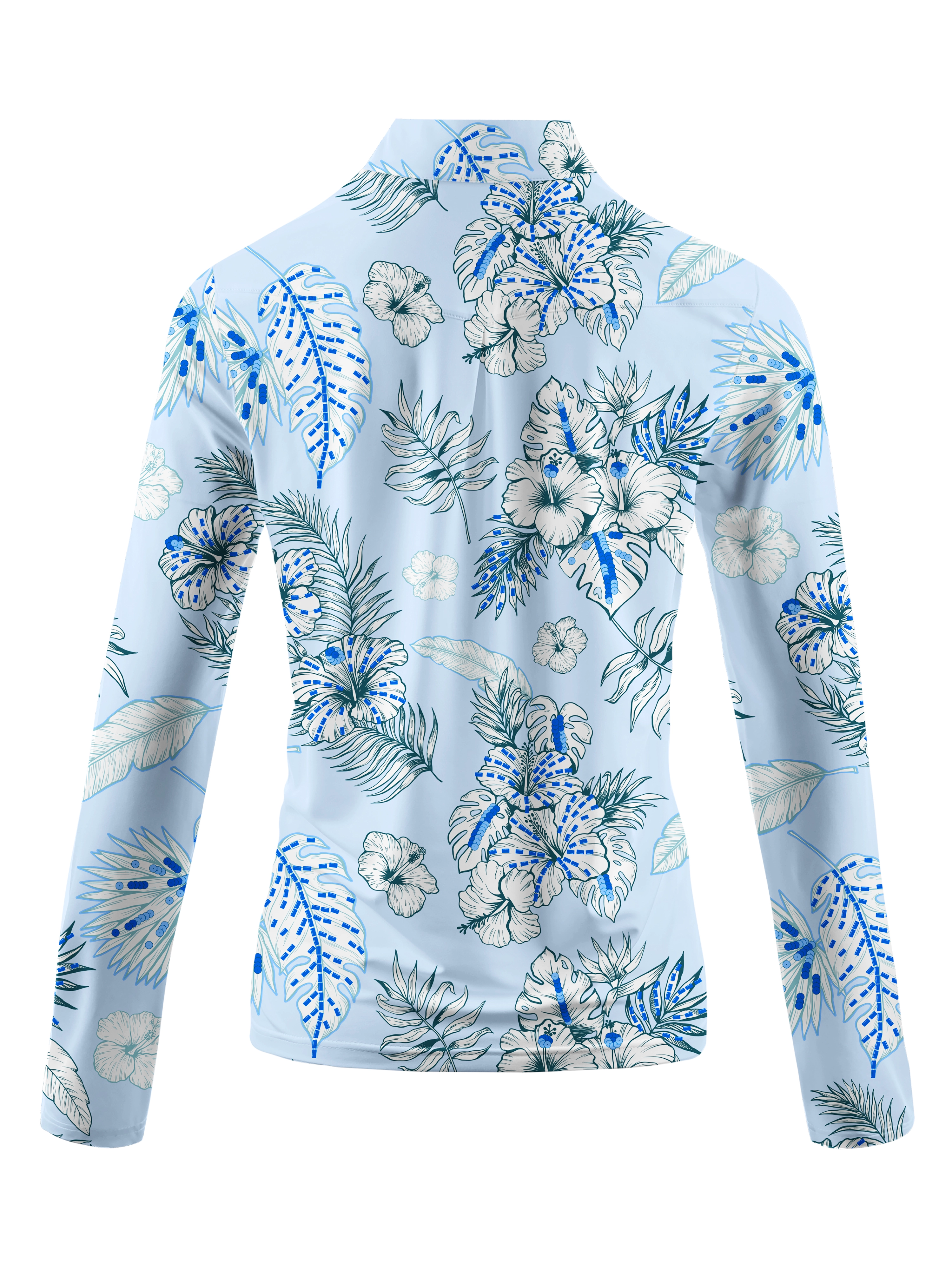 Cherryswing Women's Blue and White Flowers Golf Long Sleeve Polo Shirt