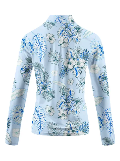 Cherryswing Women's Blue and White Flowers Golf Long Sleeve Polo Shirt