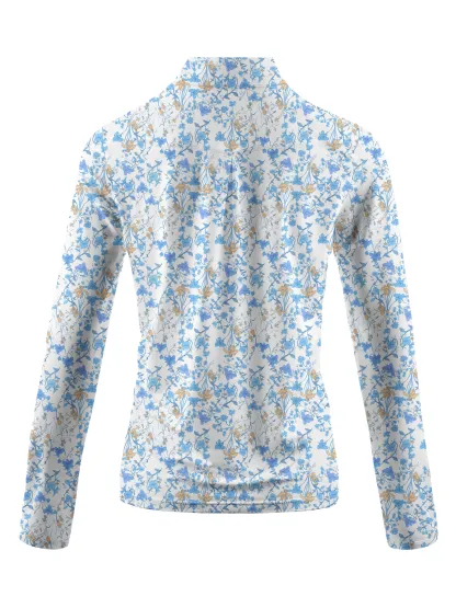 Cherryswing Women's Blue Floral Print Long Sleeve Golf Polo