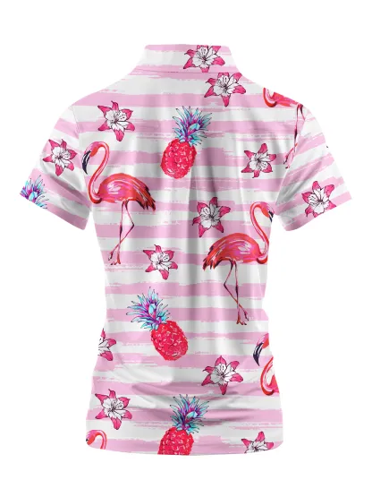 Cherryswing Women's Playful Flamingos Short Sleeve Polos