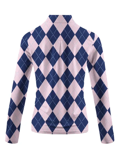 Cherryswing Women's Classic Argyle Patterns Long Sleeve Polo Shirt