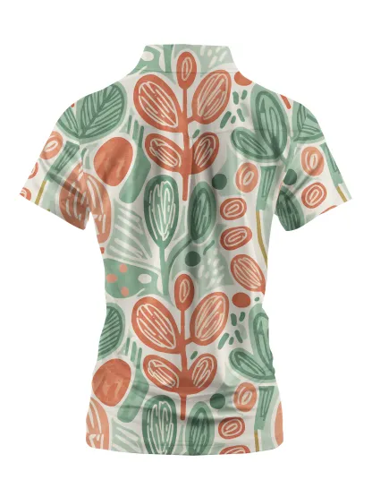 Cherryswing Women's Doodle Foliage Print Short Sleeve Polos