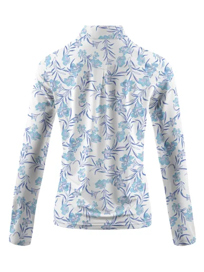 Cherryswing Women's Blue Floral Long Sleeve Polo Shirt