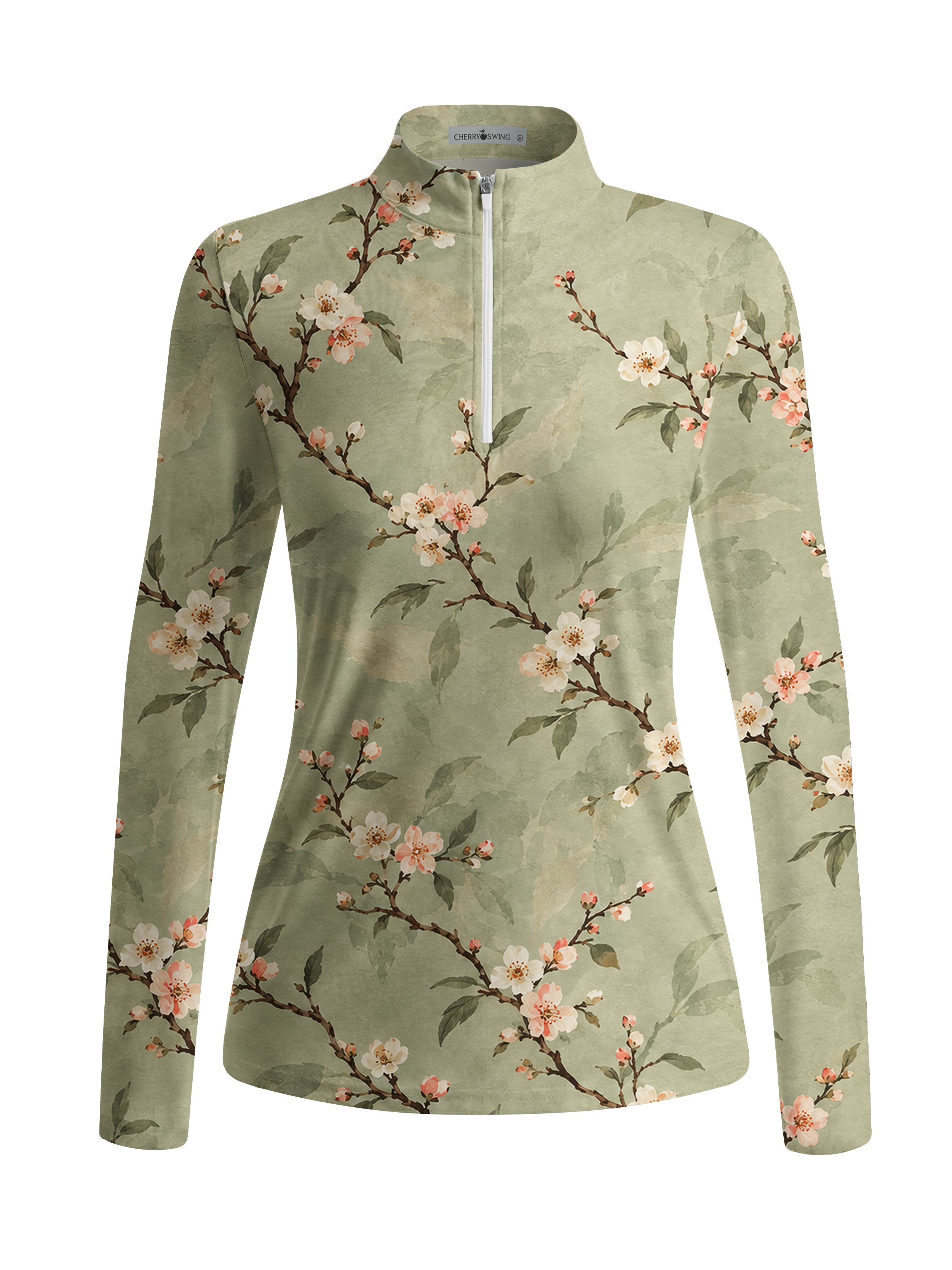Cherryswing Women's Ink Wash Apricot Blossom Branch Pattern Long Sleeve Golf Shirt