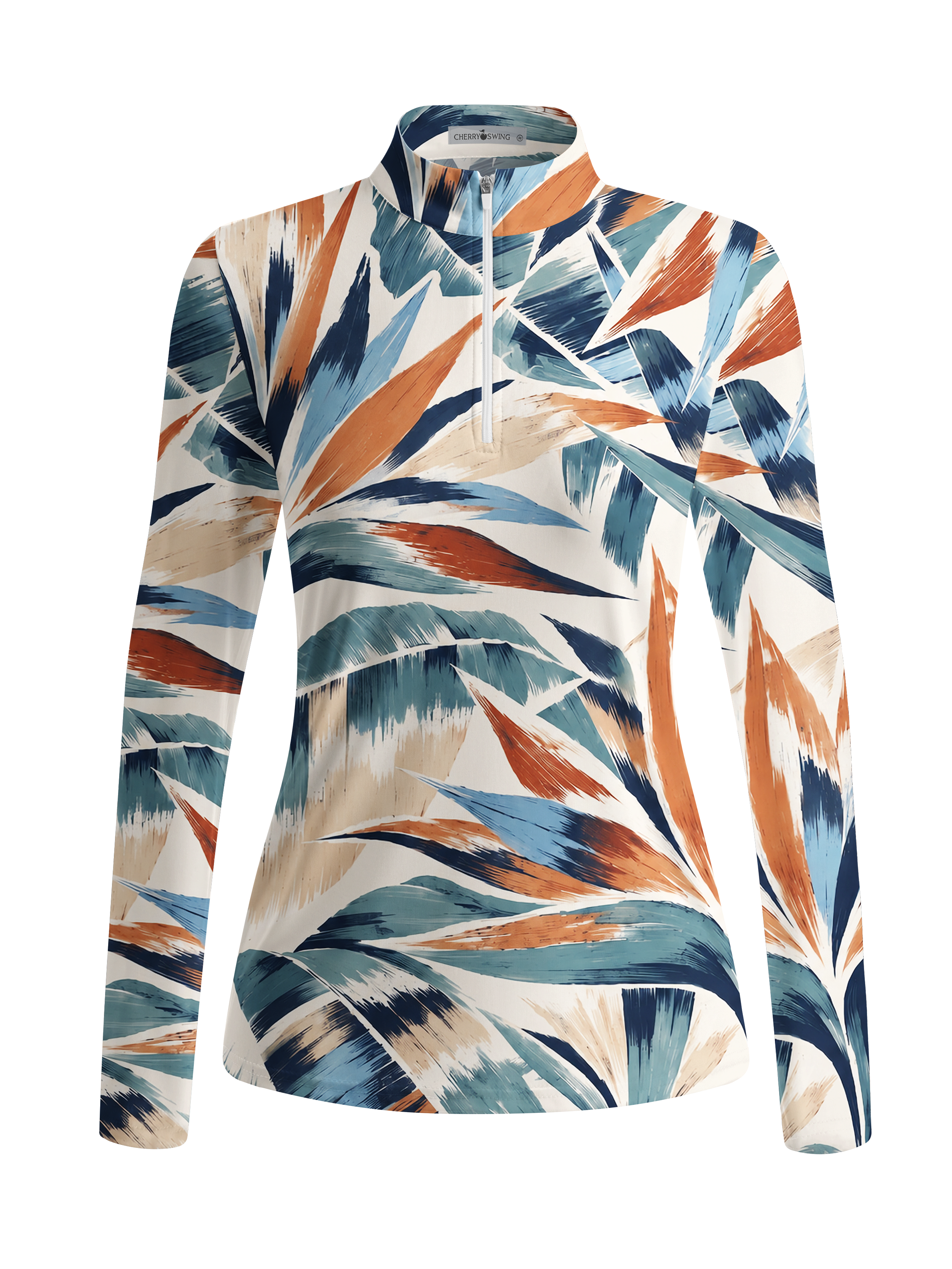 Cherryswing Women's Bold Brushstroke Tropical Leaf Long Sleeve Golf Shirt