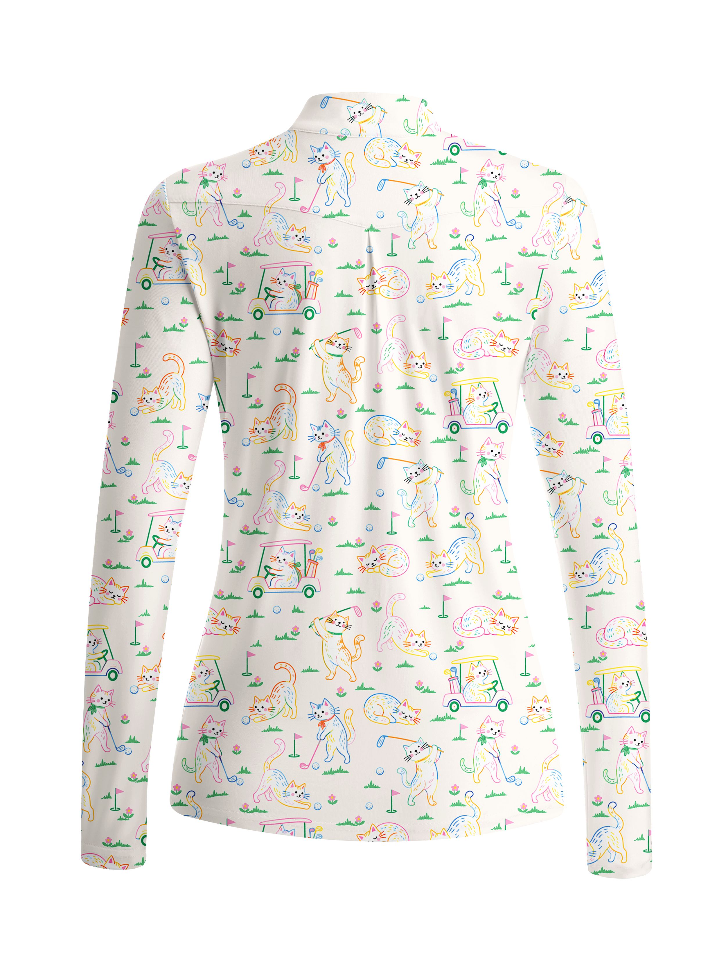 Cherryswing Women's Neon Cat Golf Theme Pattern Long Sleeve Golf Shirt
