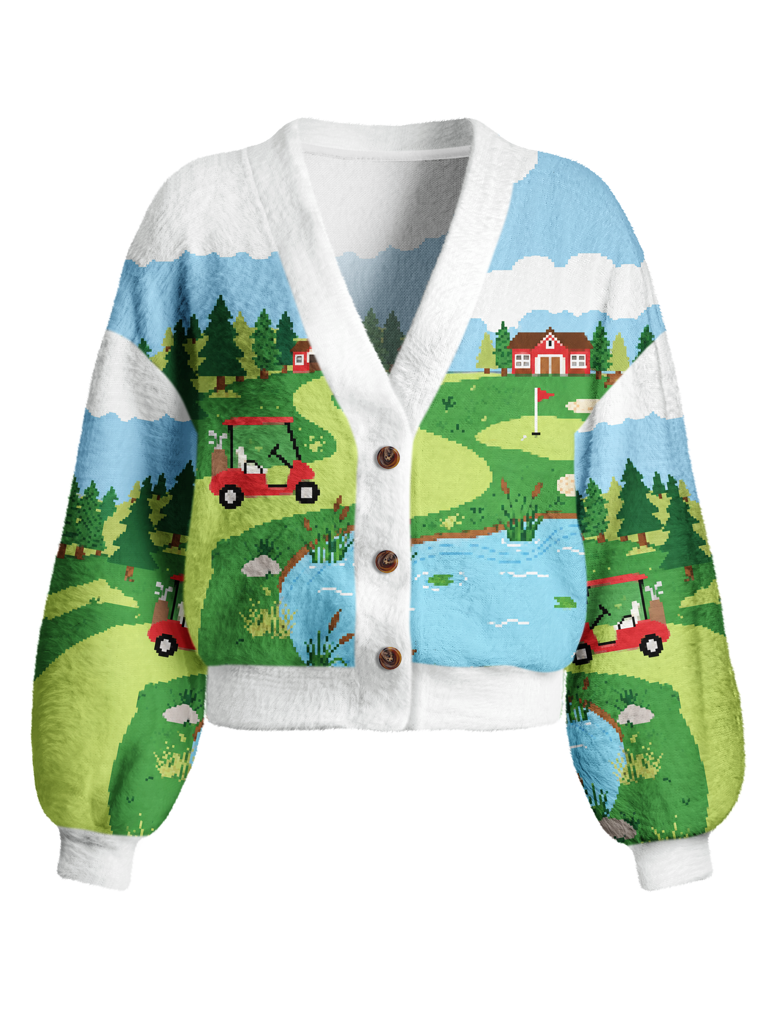 Cherryswing Women's Retro Pixel Landscape Fuzzy Knit Golf Cardigan