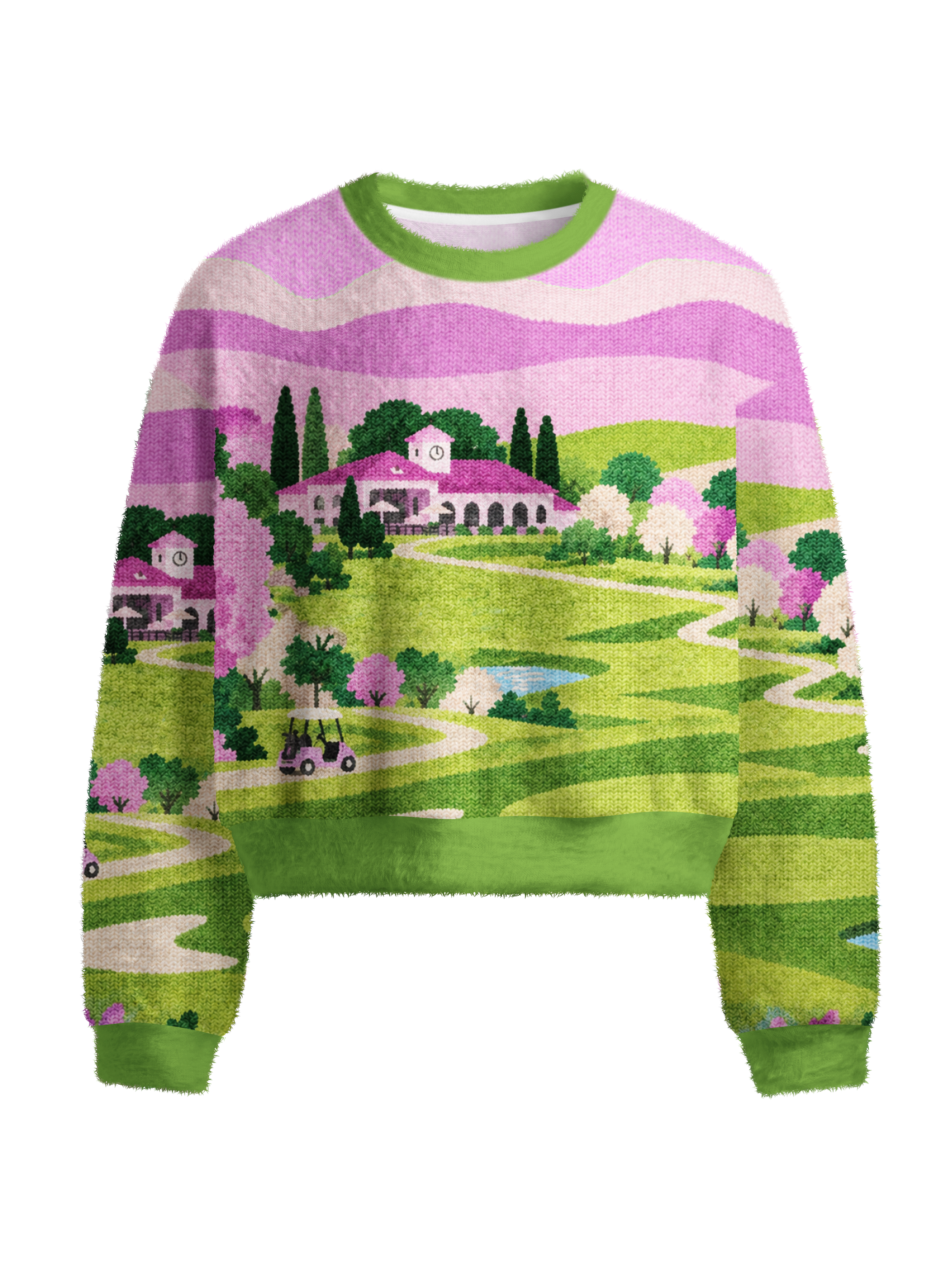 Cherryswing Women's Pastoral Landscape Fuzzy Knit Golf Sweater