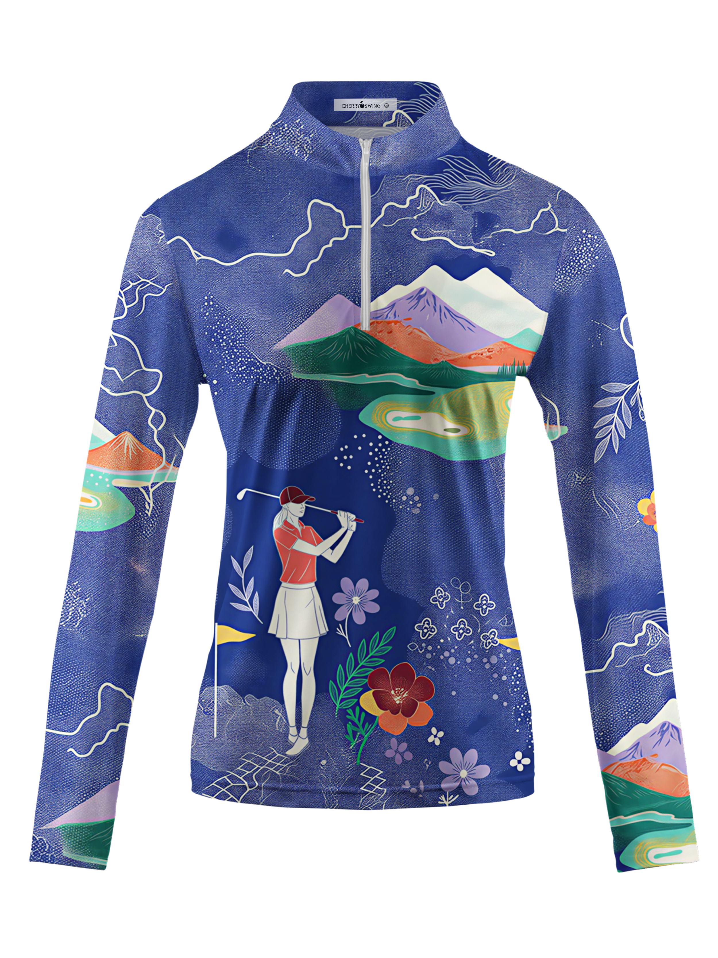 Cherryswing Women's Gradient Color FlowersLong Sleeve Golf Polo
