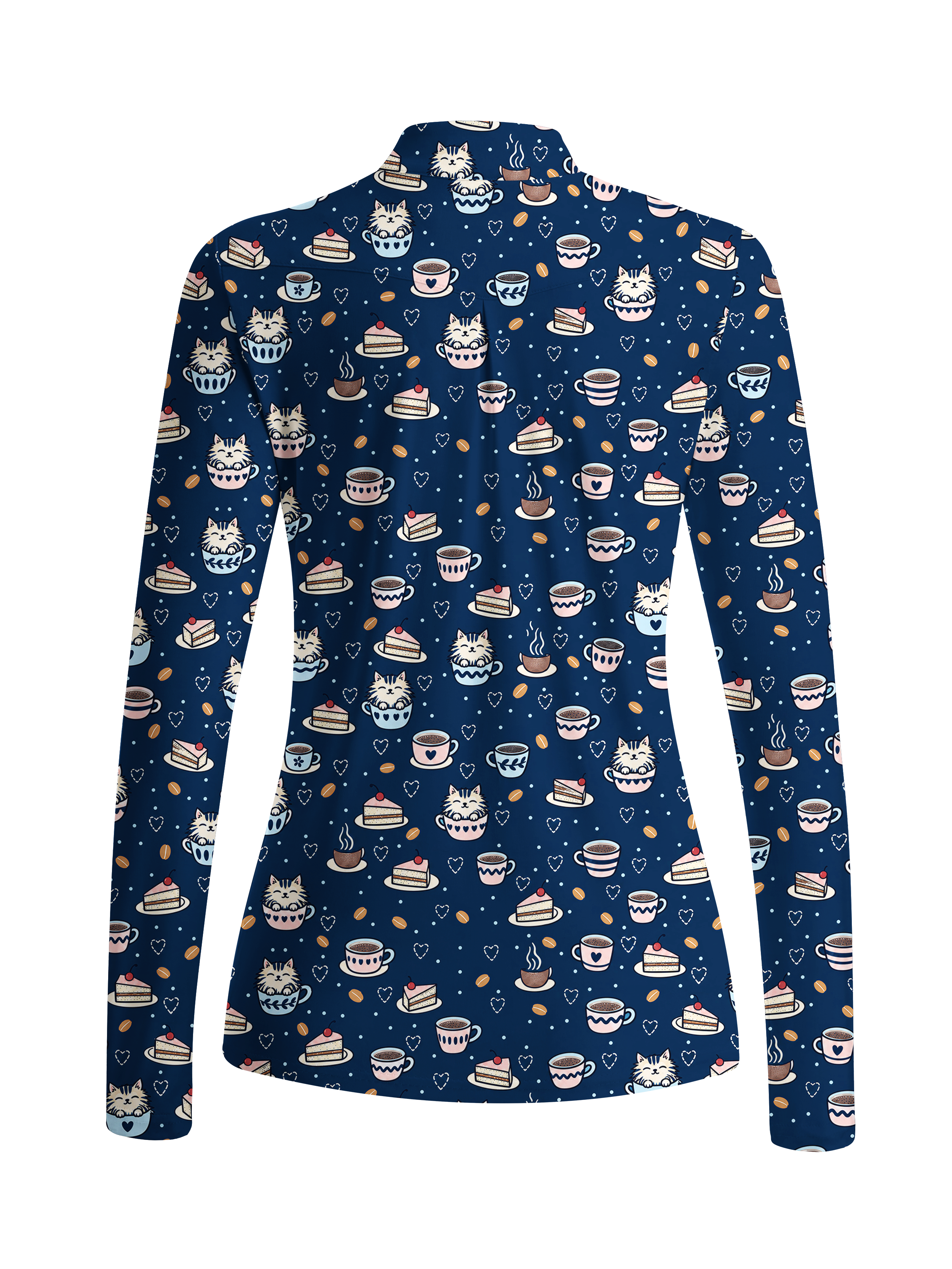 Cherryswing Women's Cute Cat and Coffee Print Long Sleeve Golf Shirt