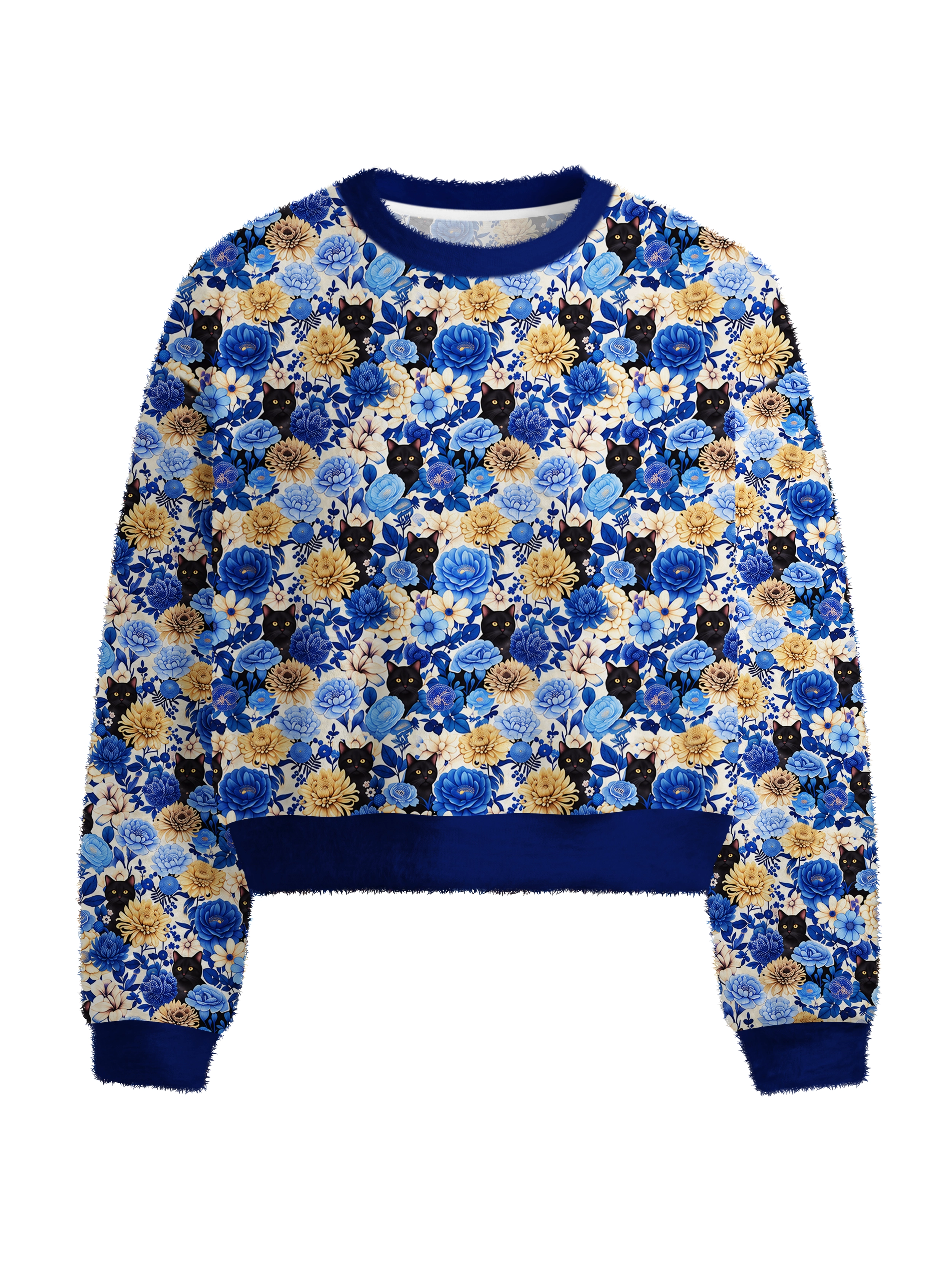 Cherryswing Women's Midnight Floral & Cat Fuzzy Knit Crew Neck Sweater