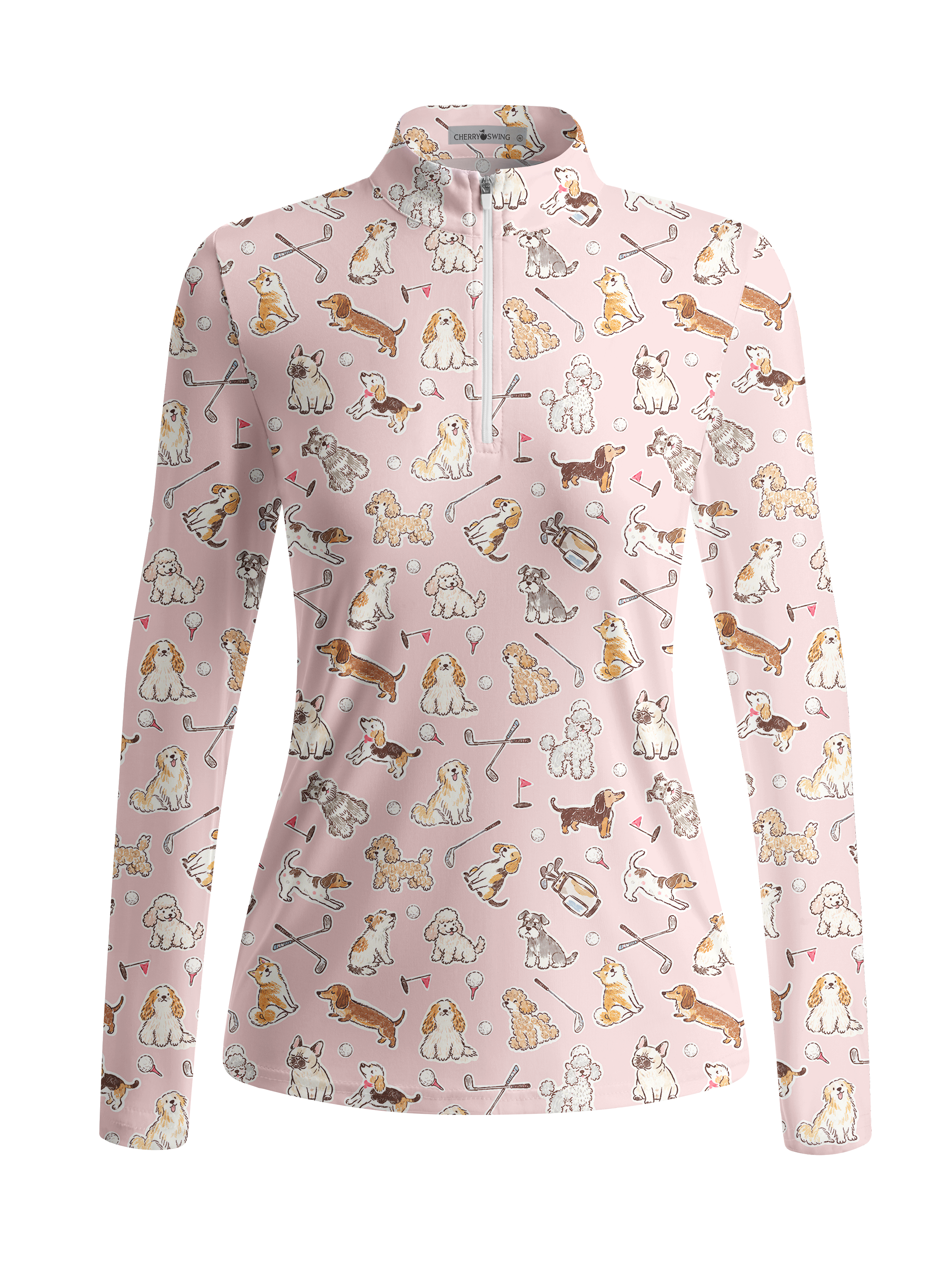 Cherryswing Women's Playful Pups and Golf Gear Print Long Sleeve Polo Shirt