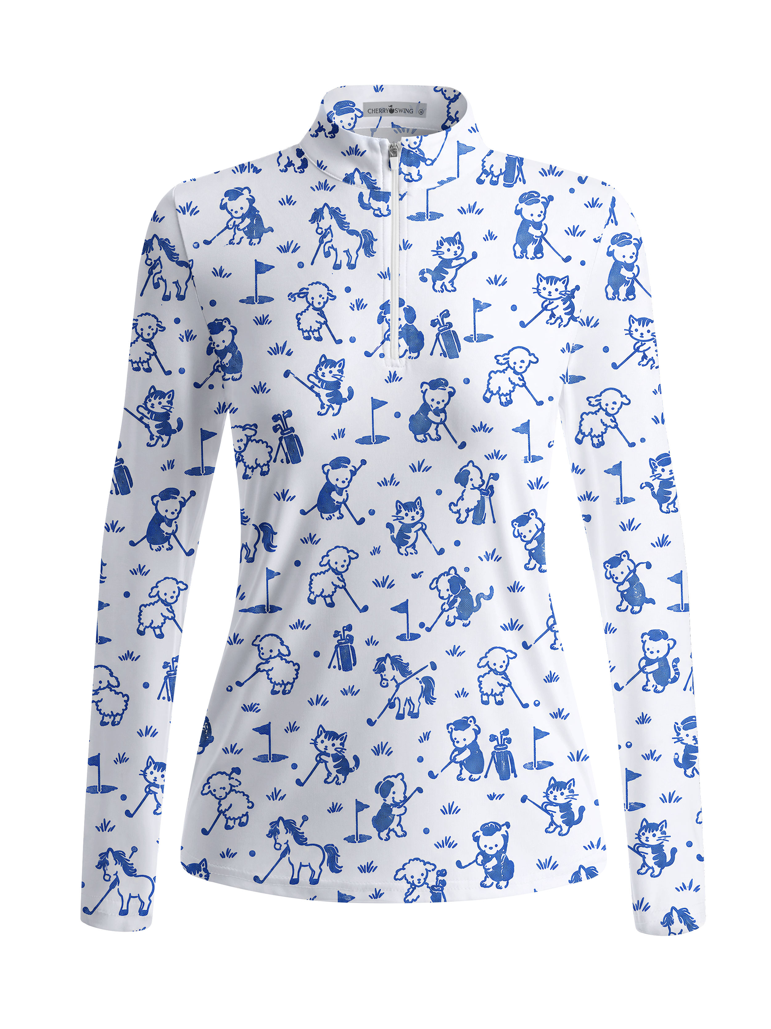 Cherryswing Women's Cute Animal Golfer Toile Print Long Sleeve Golf Shirt