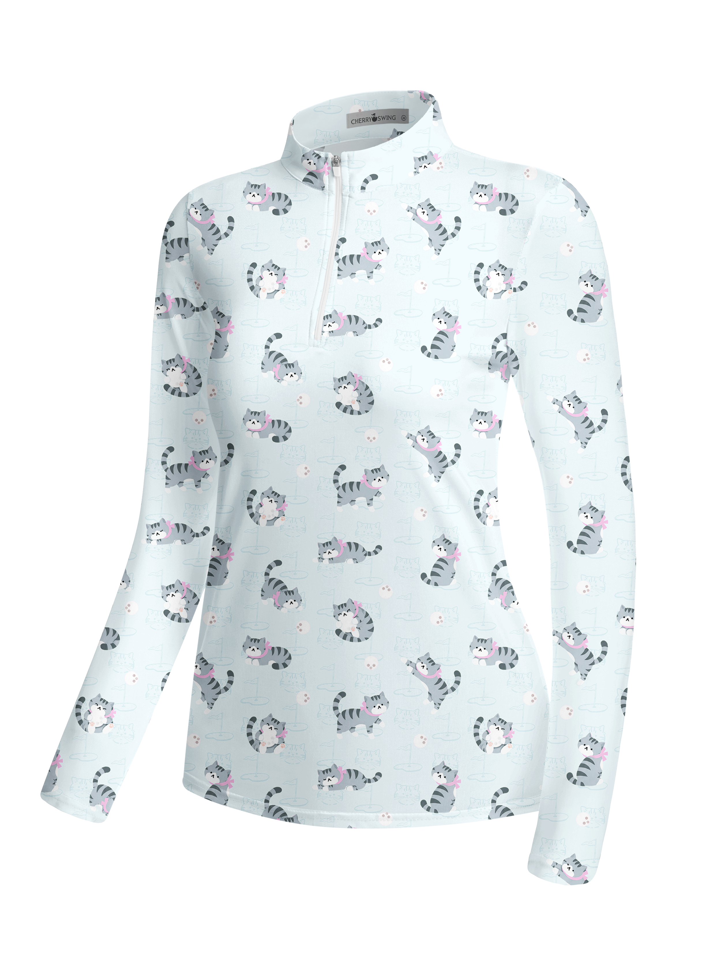 Cherryswing Women's Playful Cat Novelty Print Long Sleeve Golf Shirt
