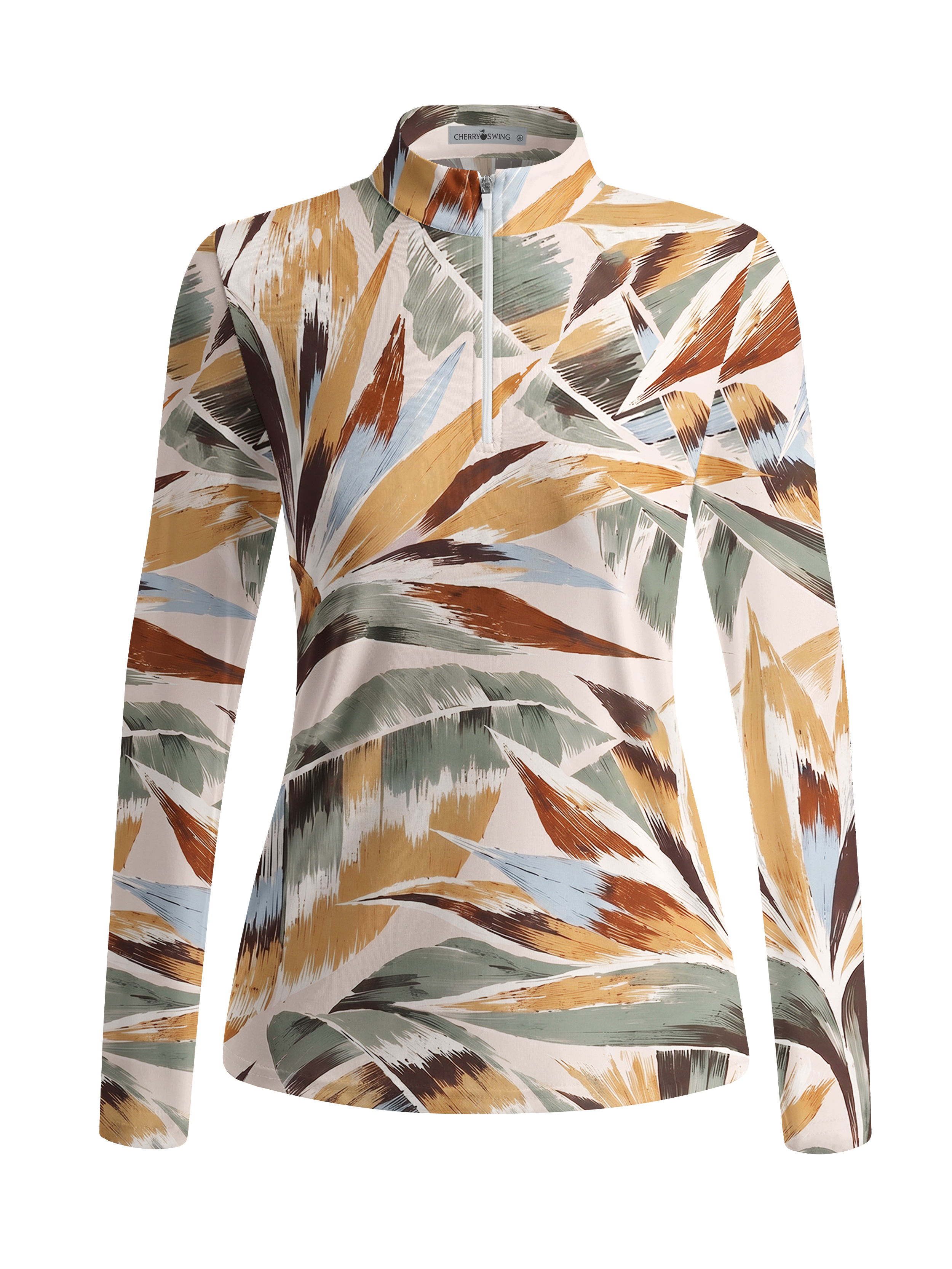 Cherryswing Women's Bold Brushstroke Tropical Leaf Long Sleeve Golf Shirt