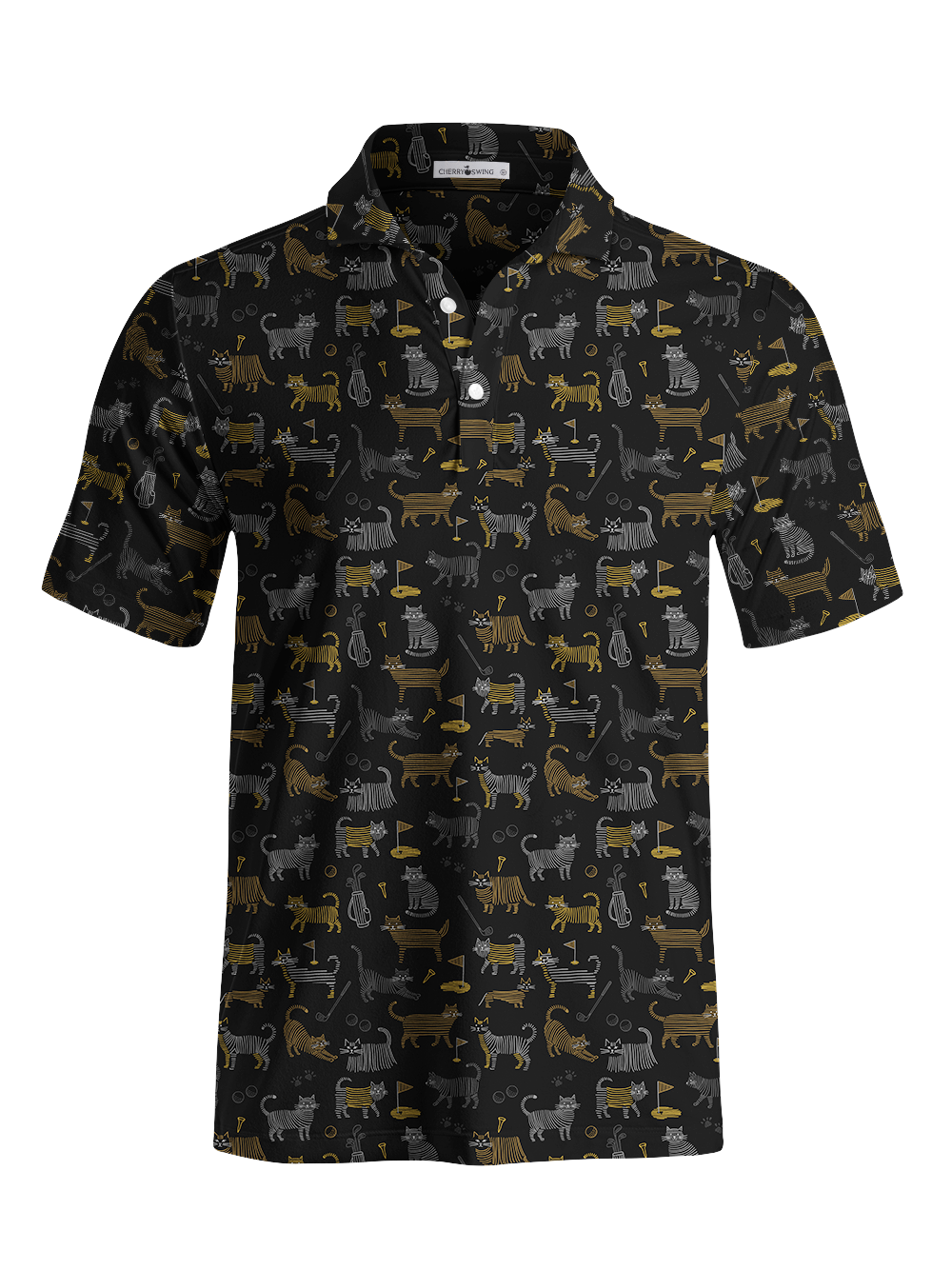 Cherryswing Whimsical Golf Cat Line Art Men's Polo Shirt