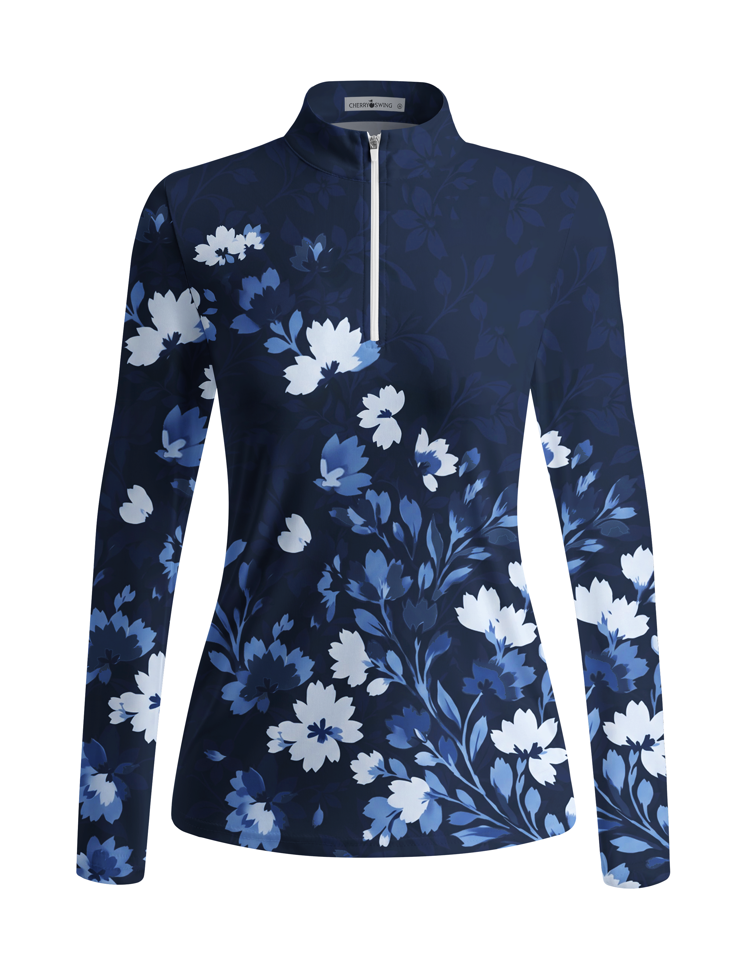 Cherryswing Women's Gradient Blue Floral Pattern Long Sleeve Golf Shirt
