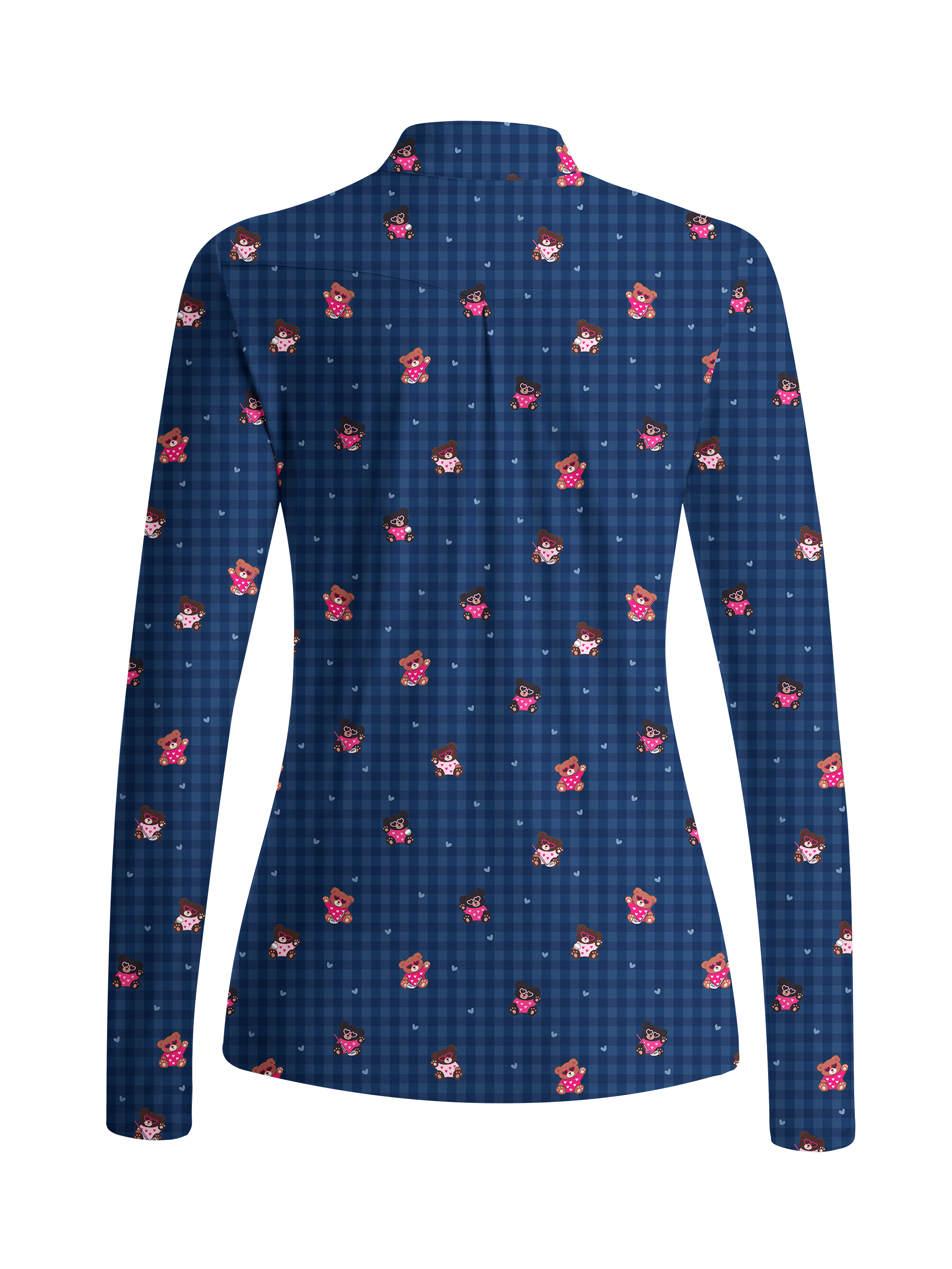 Cherryswing Women's Plaid Bear and Heart Pattern Long Sleeve Golf Shirt